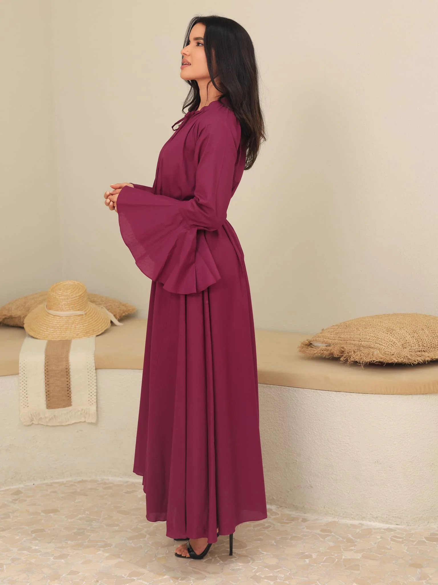 Marnel Plum Cotton Gathered Long Dress - Image 4