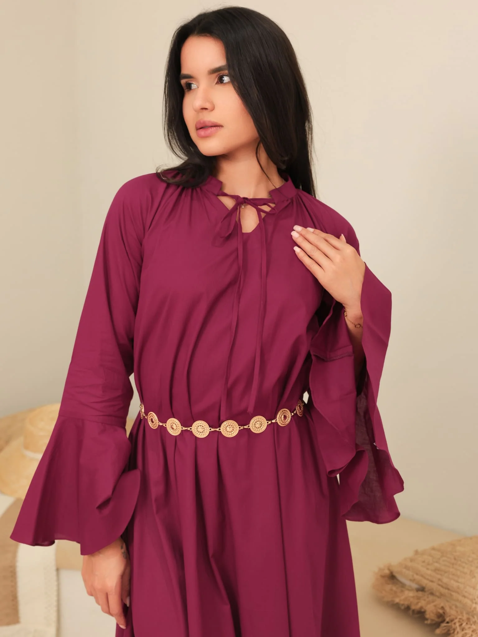 Marnel Plum Cotton Gathered Long Dress - Image 5