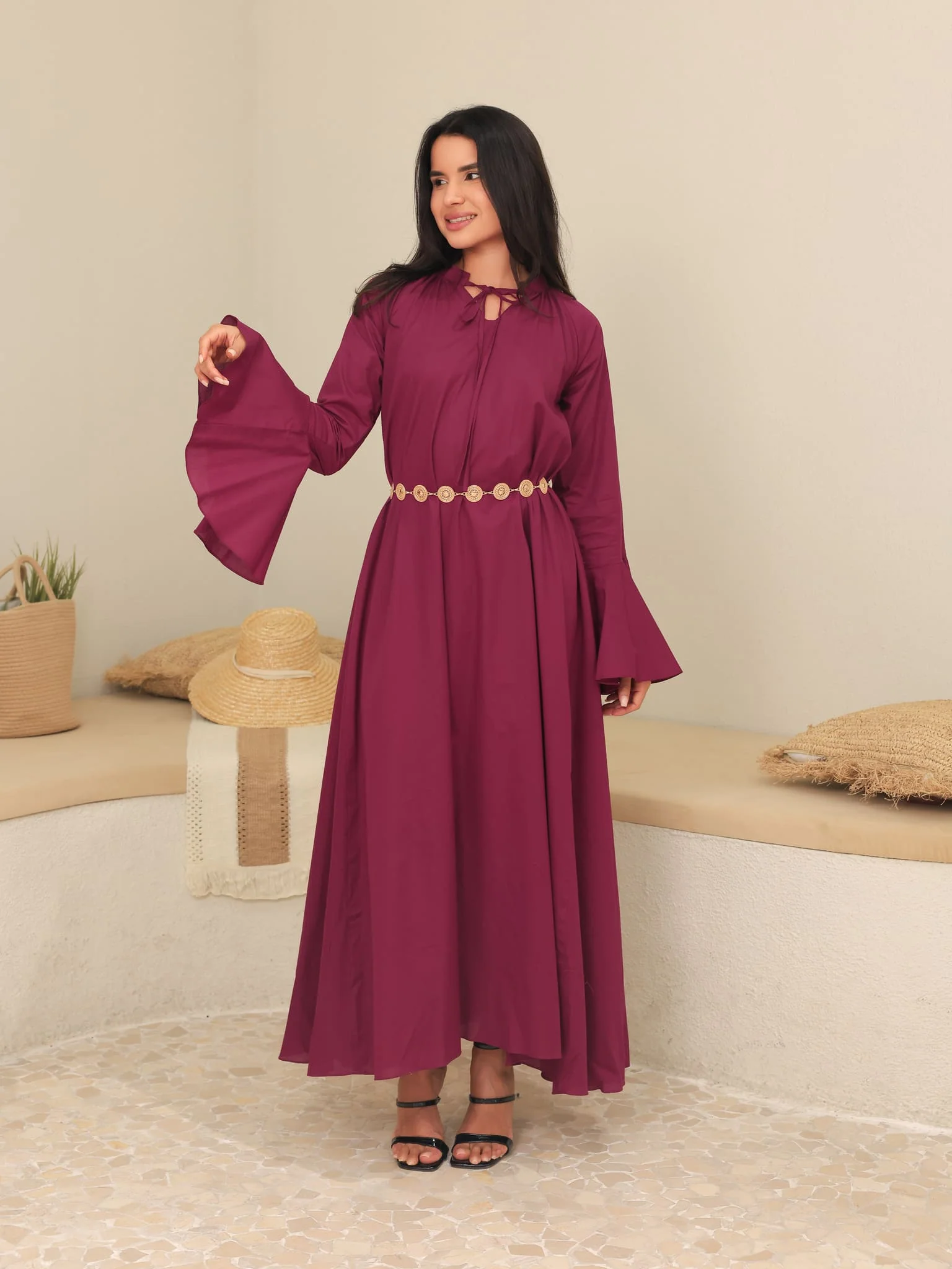 Marnel Plum Cotton Gathered Long Dress - Image 6