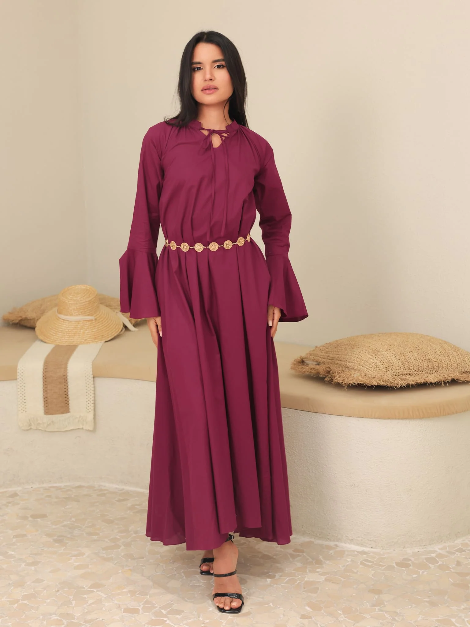 Marnel Plum Cotton Gathered Long Dress - Image 8