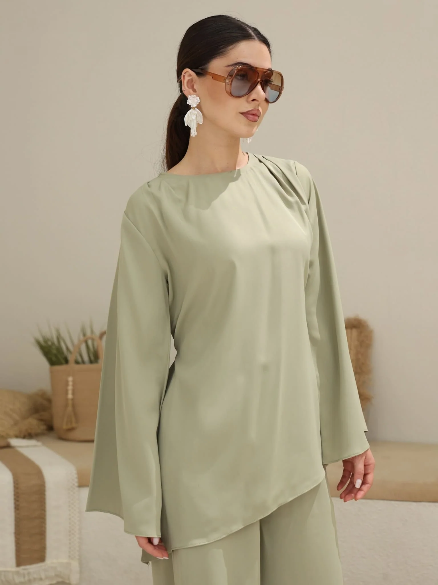 Marren Sage Asymmetric Pleat Shirt - Image 10