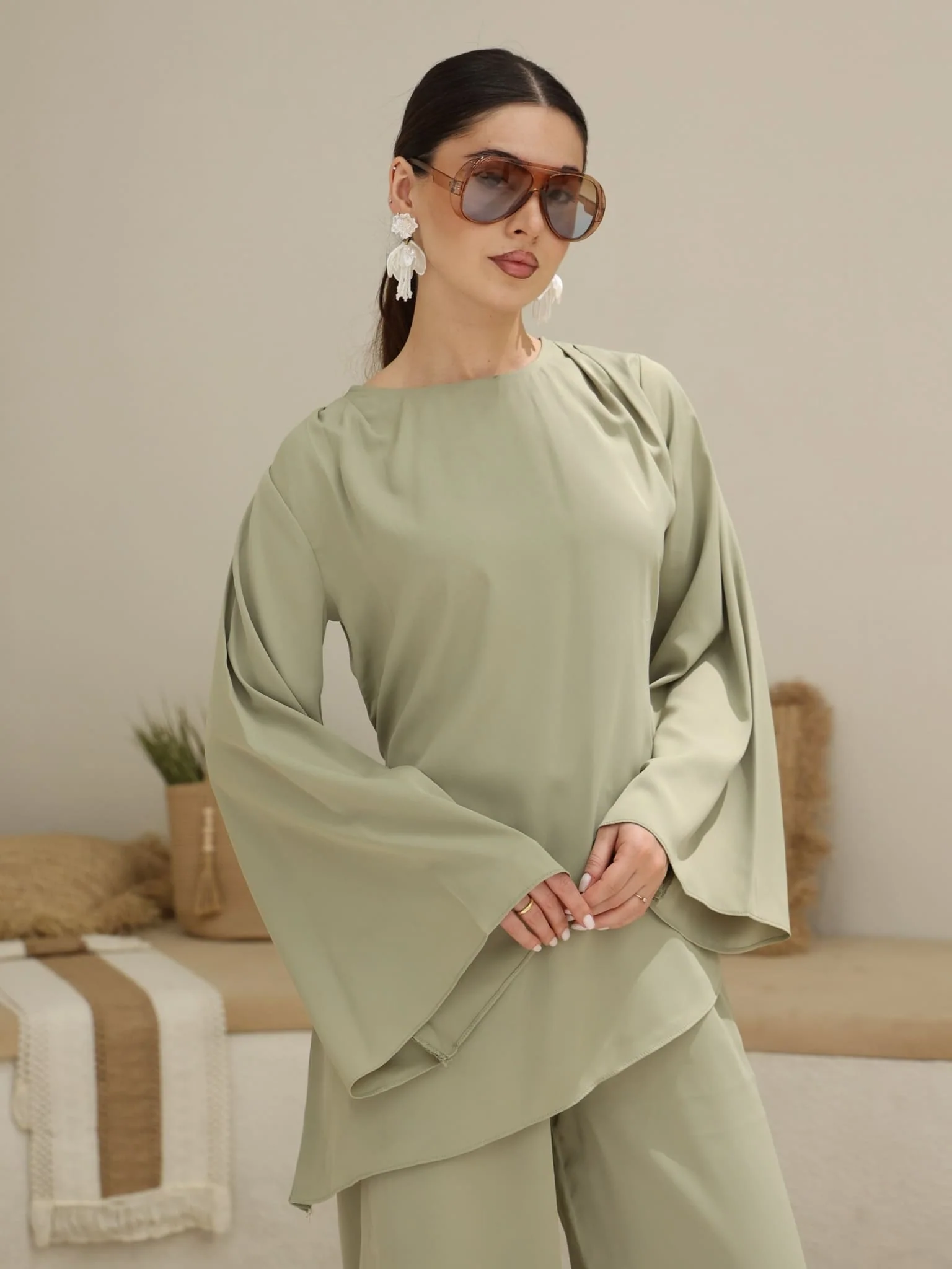 Marren Sage Asymmetric Pleat Shirt - Image 4