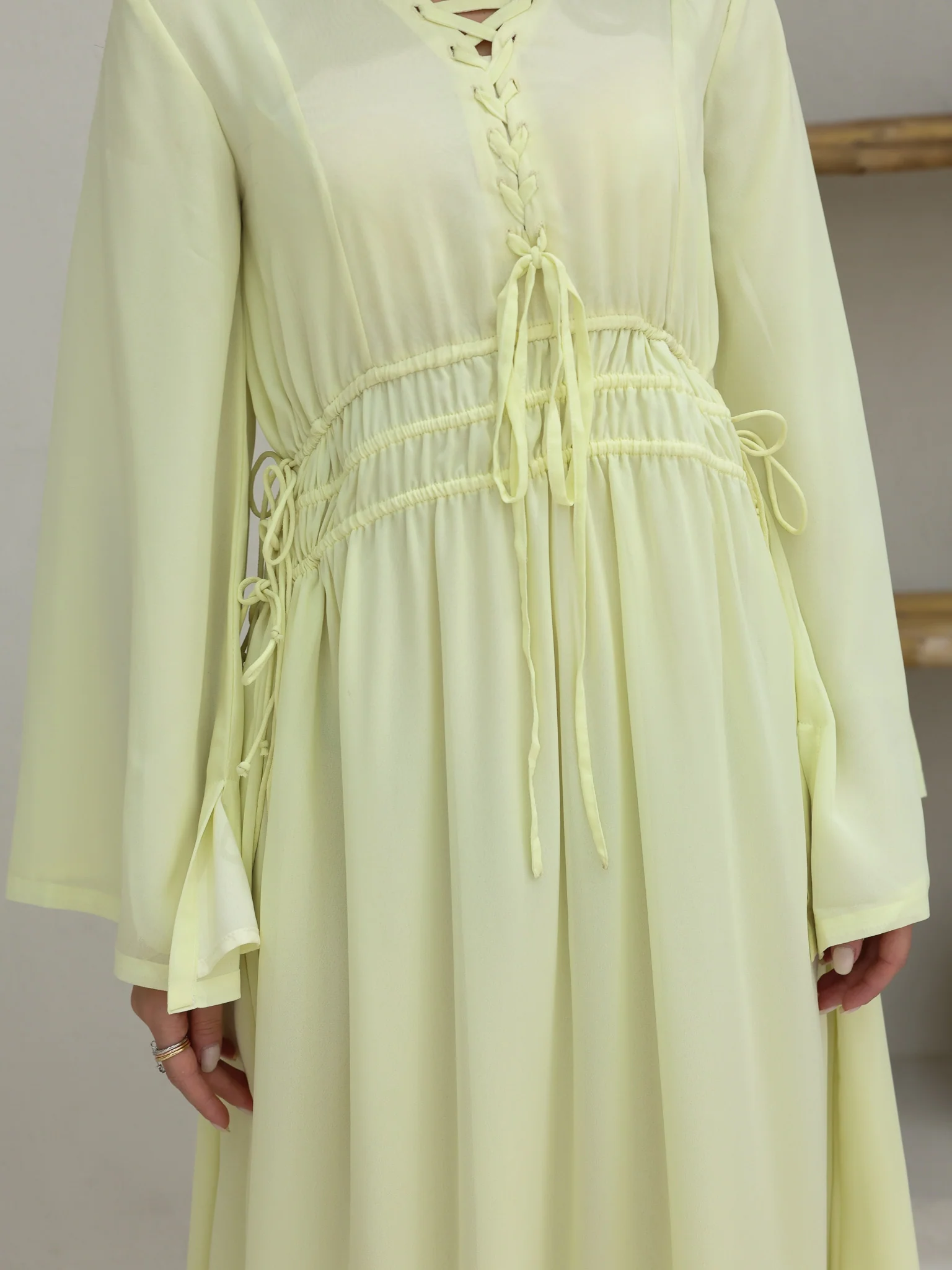 Melted Sun Gathered Lime Long Dress - Image 2