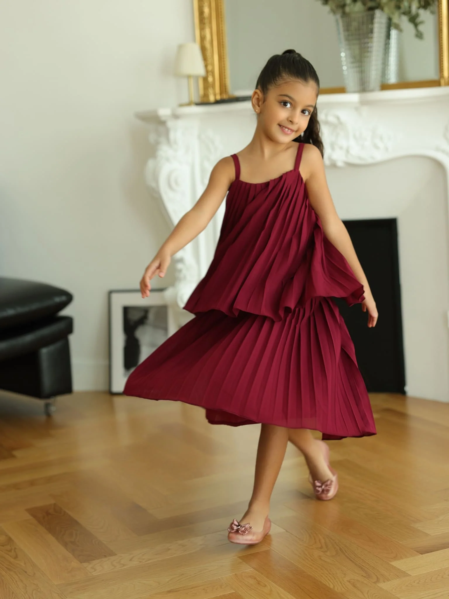 Mini Celestine Maroon Pleated Dress For Girls - Image 10