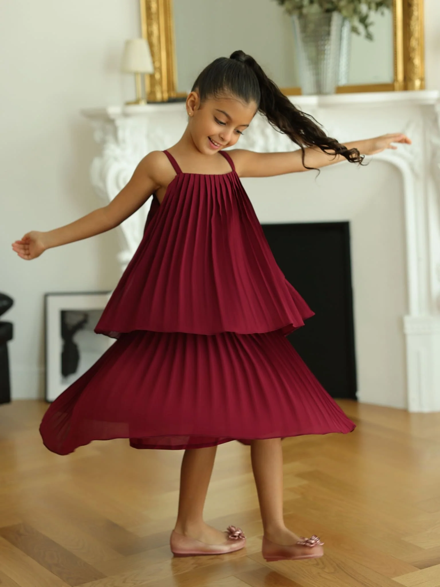 Mini Celestine Maroon Pleated Dress For Girls - Image 2