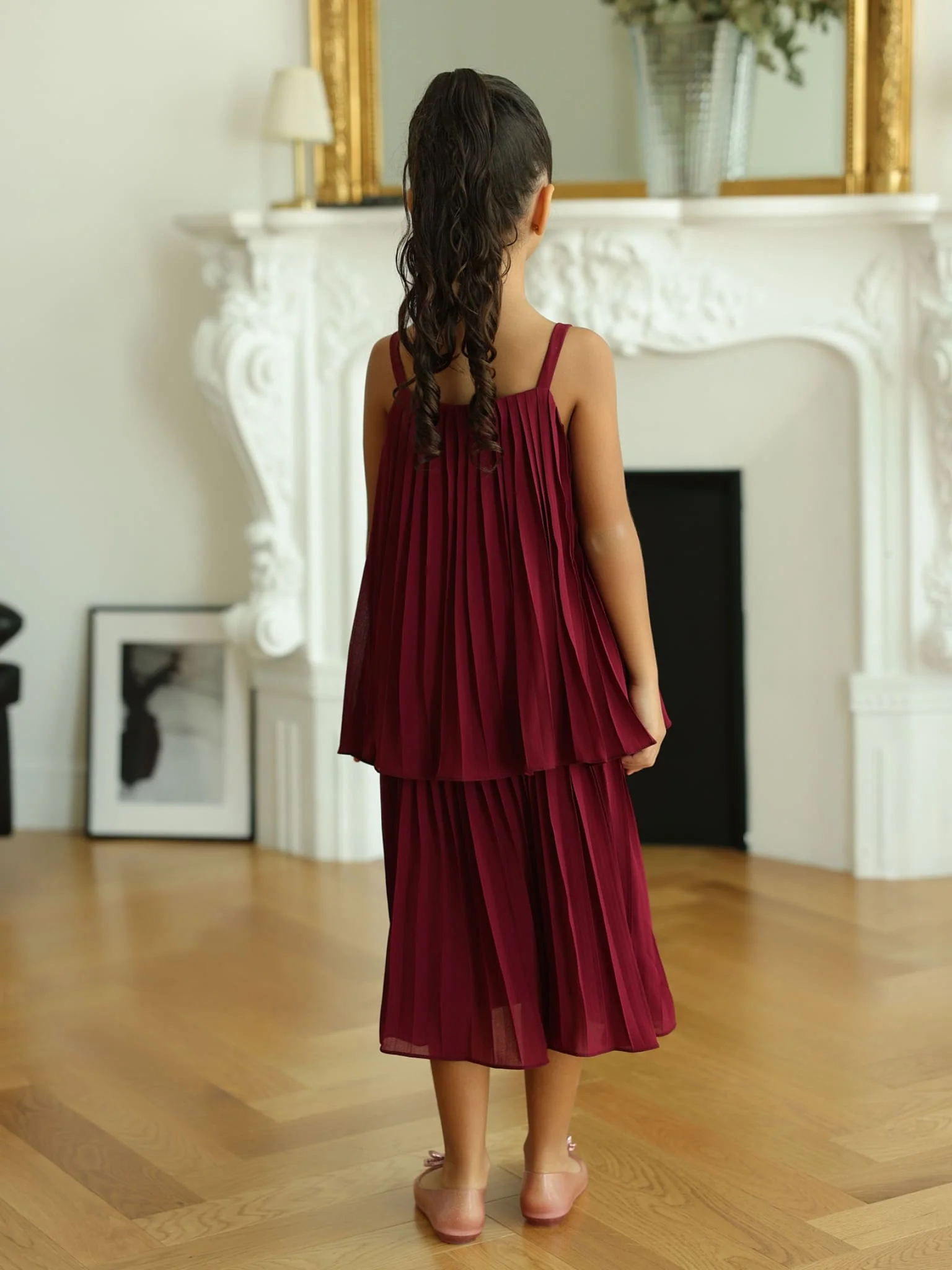 Mini Celestine Maroon Pleated Dress For Girls - Image 4