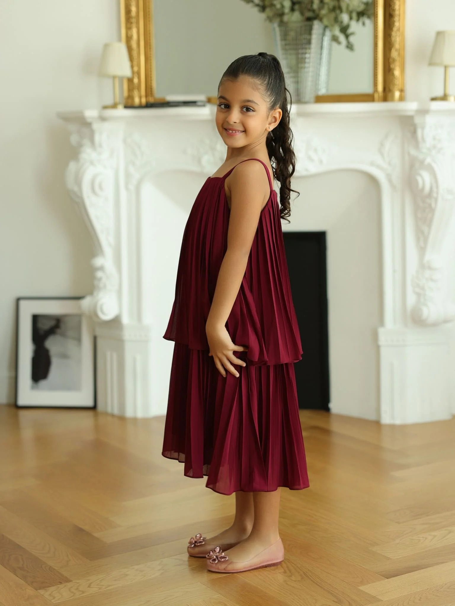 Mini Celestine Maroon Pleated Dress For Girls - Image 5