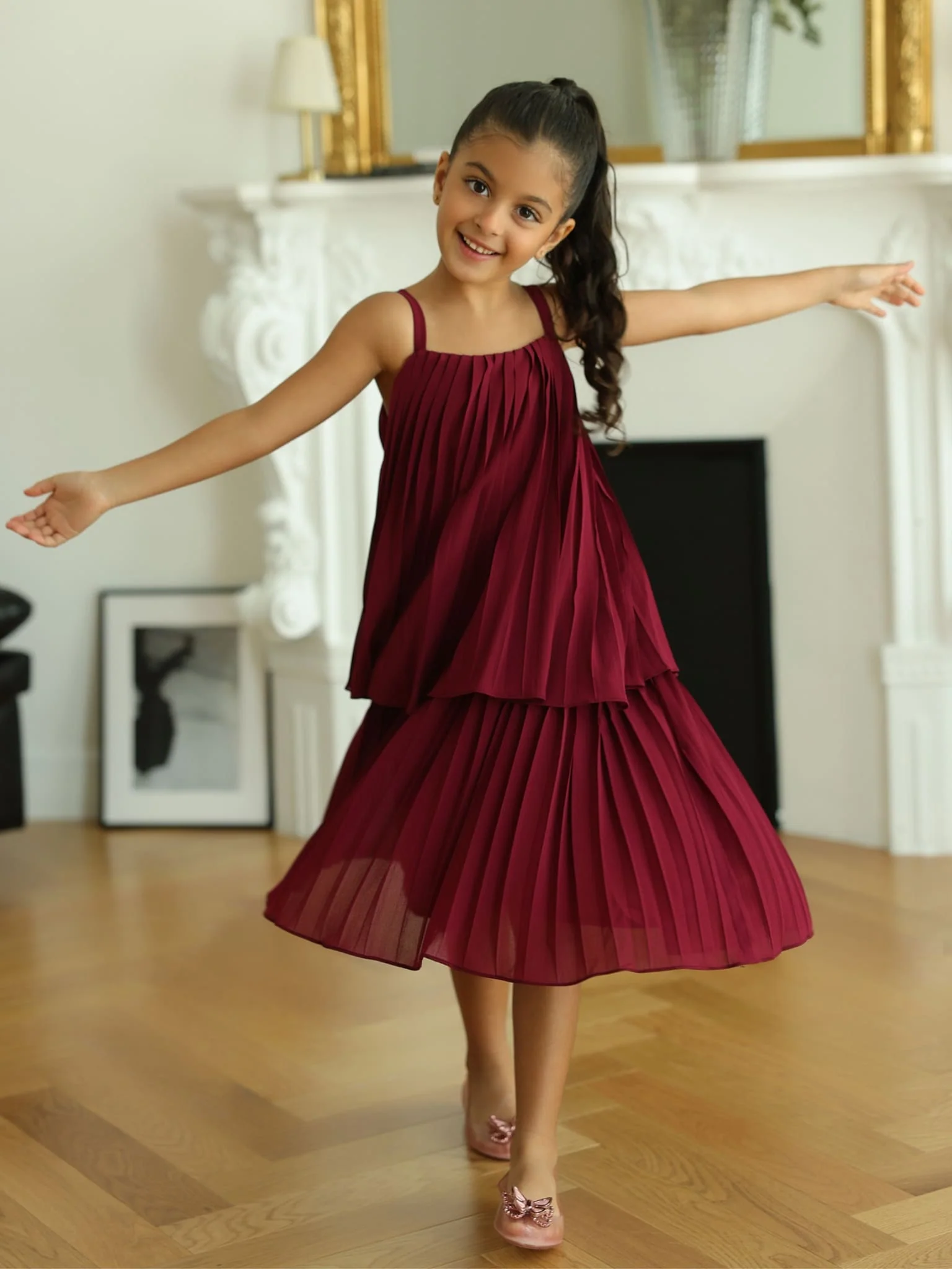 Mini Celestine Maroon Pleated Dress For Girls - Image 7