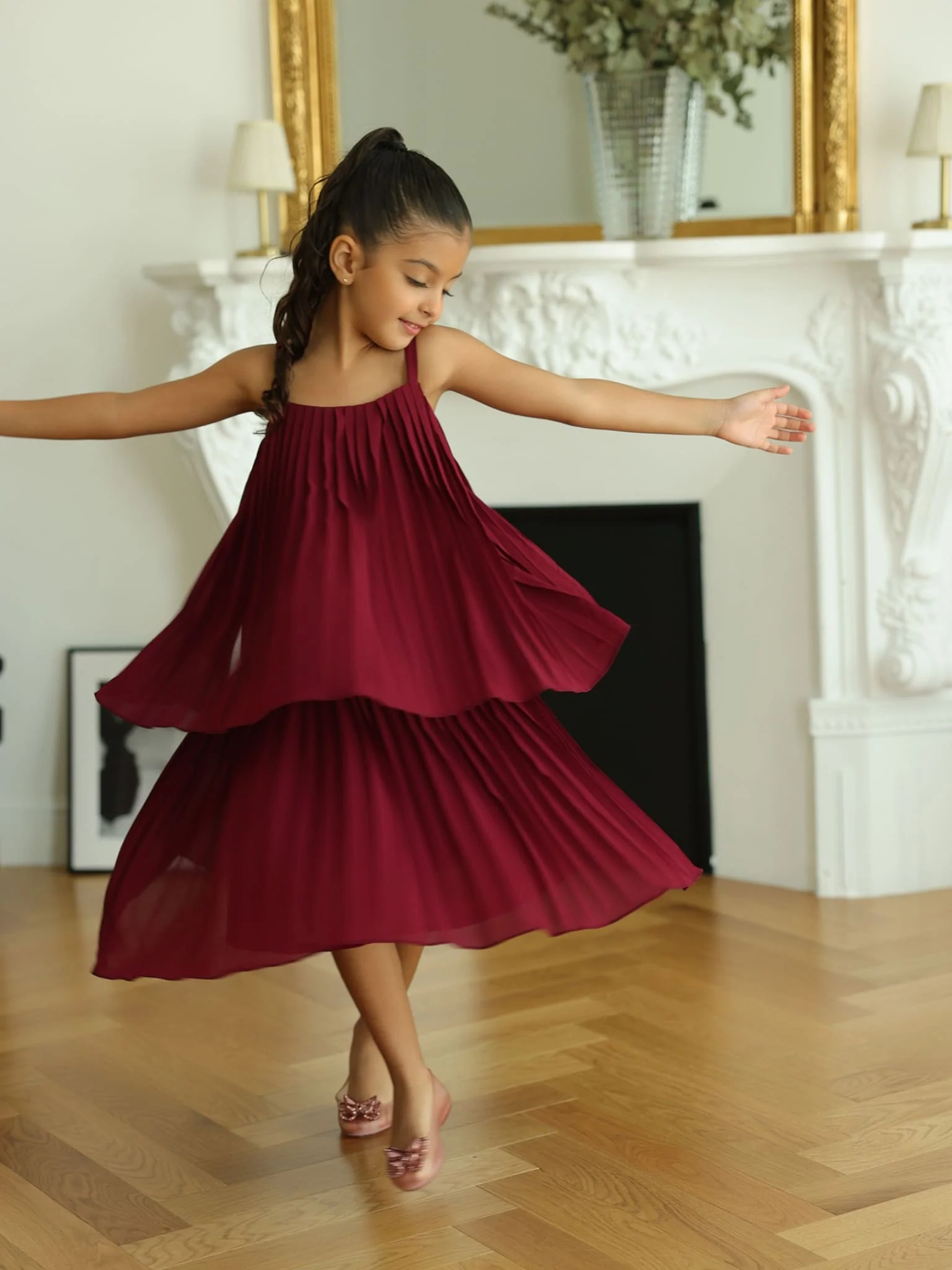 Mini Celestine Maroon Pleated Dress For Girls - Image 9