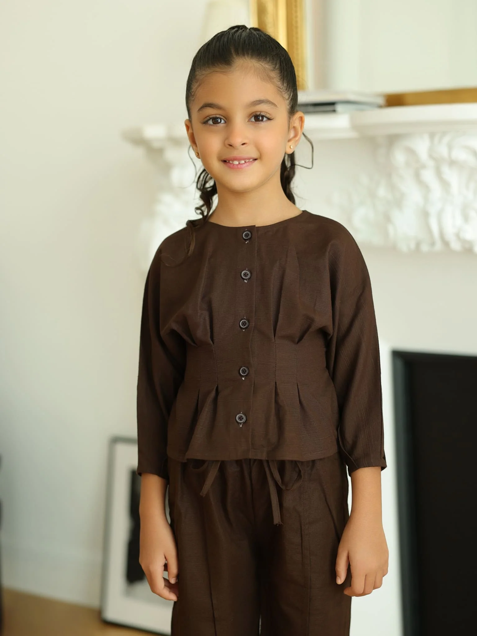 Mini Henley Brown Co Ord Set For Girls - Image 6