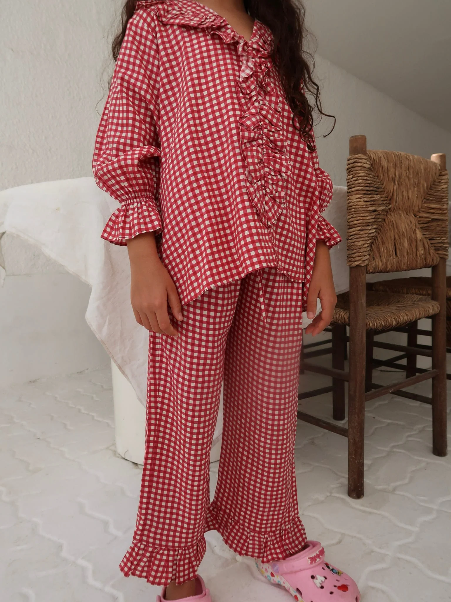 Mini Snuzelle Red Embroidered Gingham lounge Set For Girls - Image 3