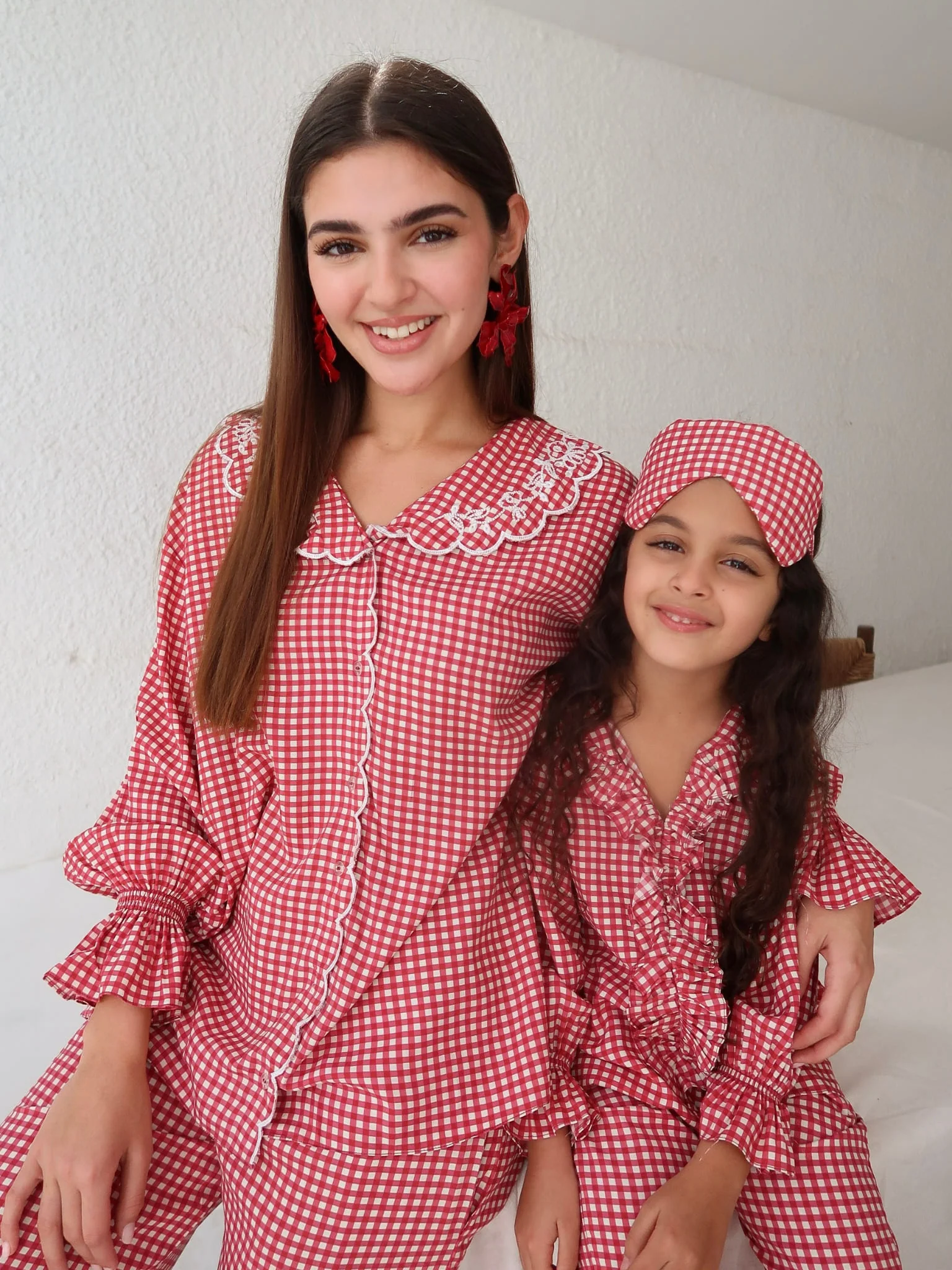 Mini Snuzelle Red Embroidered Gingham lounge Set For Girls - Image 5