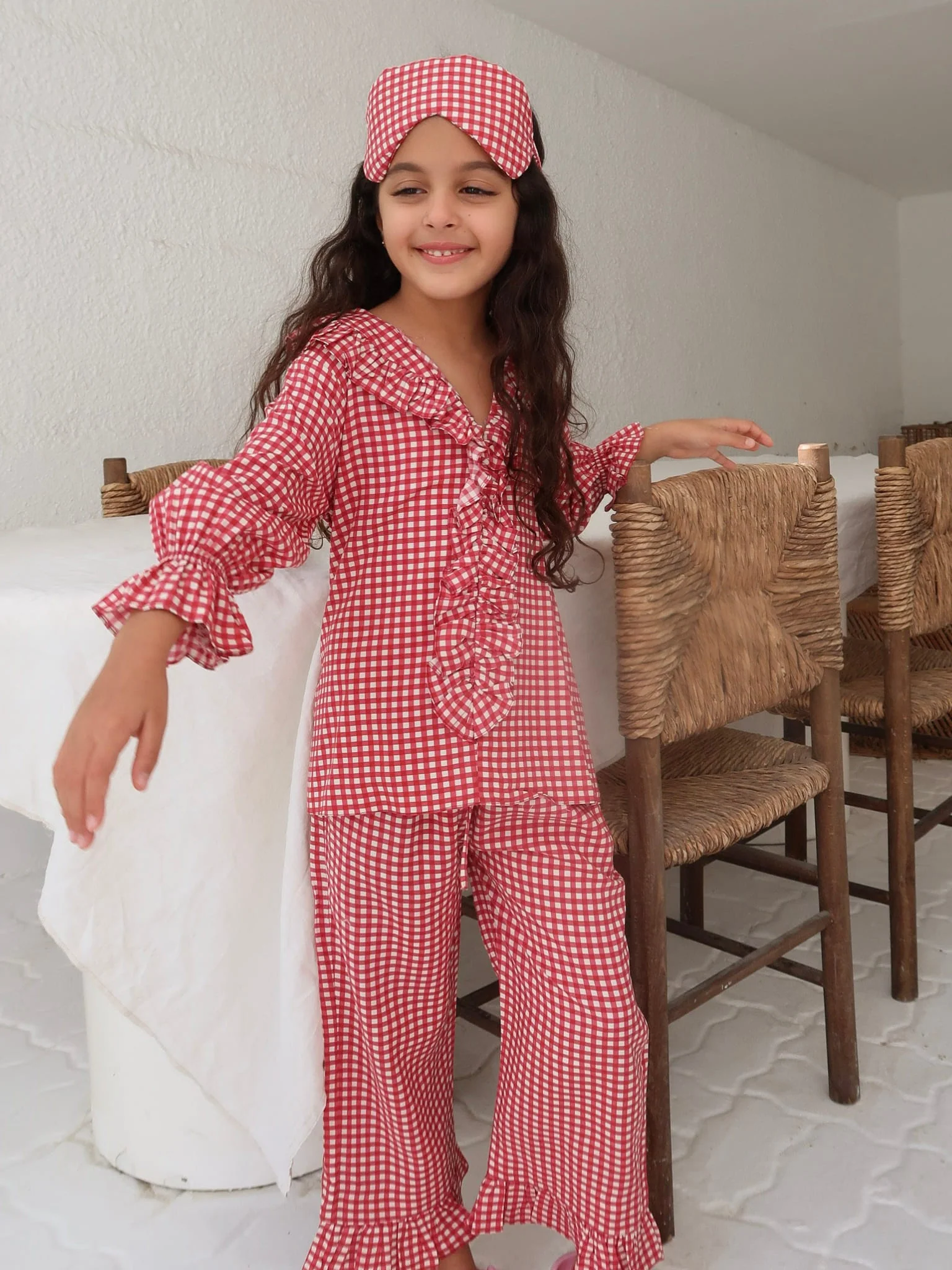 Mini Snuzelle Red Embroidered Gingham lounge Set For Girls - Image 6