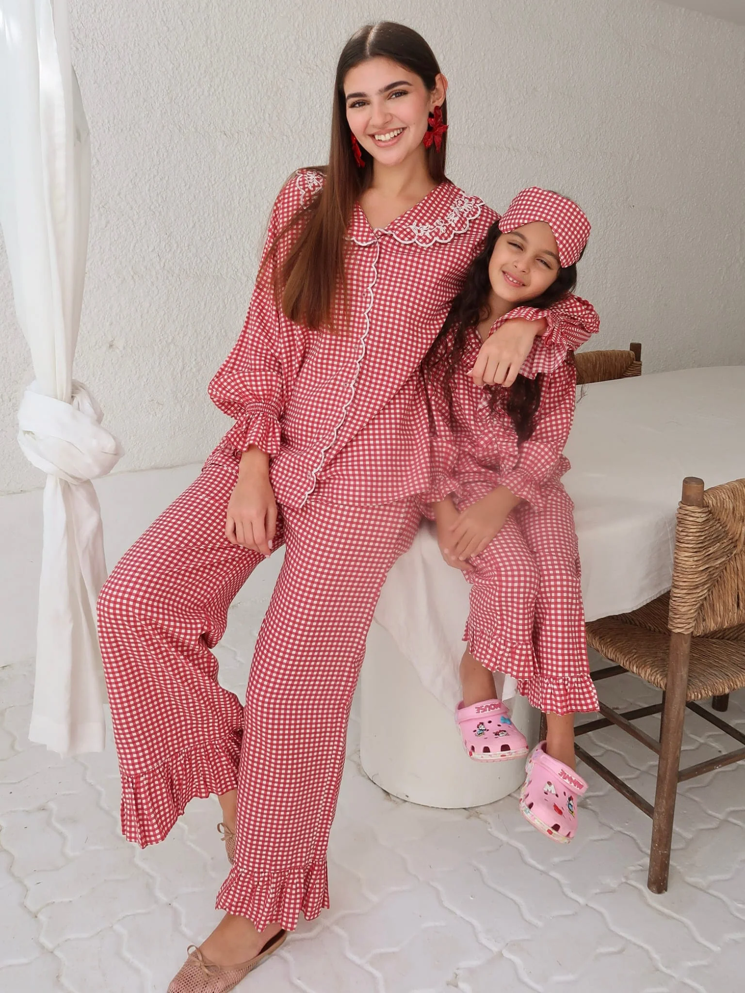Mini Snuzelle Red Embroidered Gingham lounge Set For Girls - Image 7
