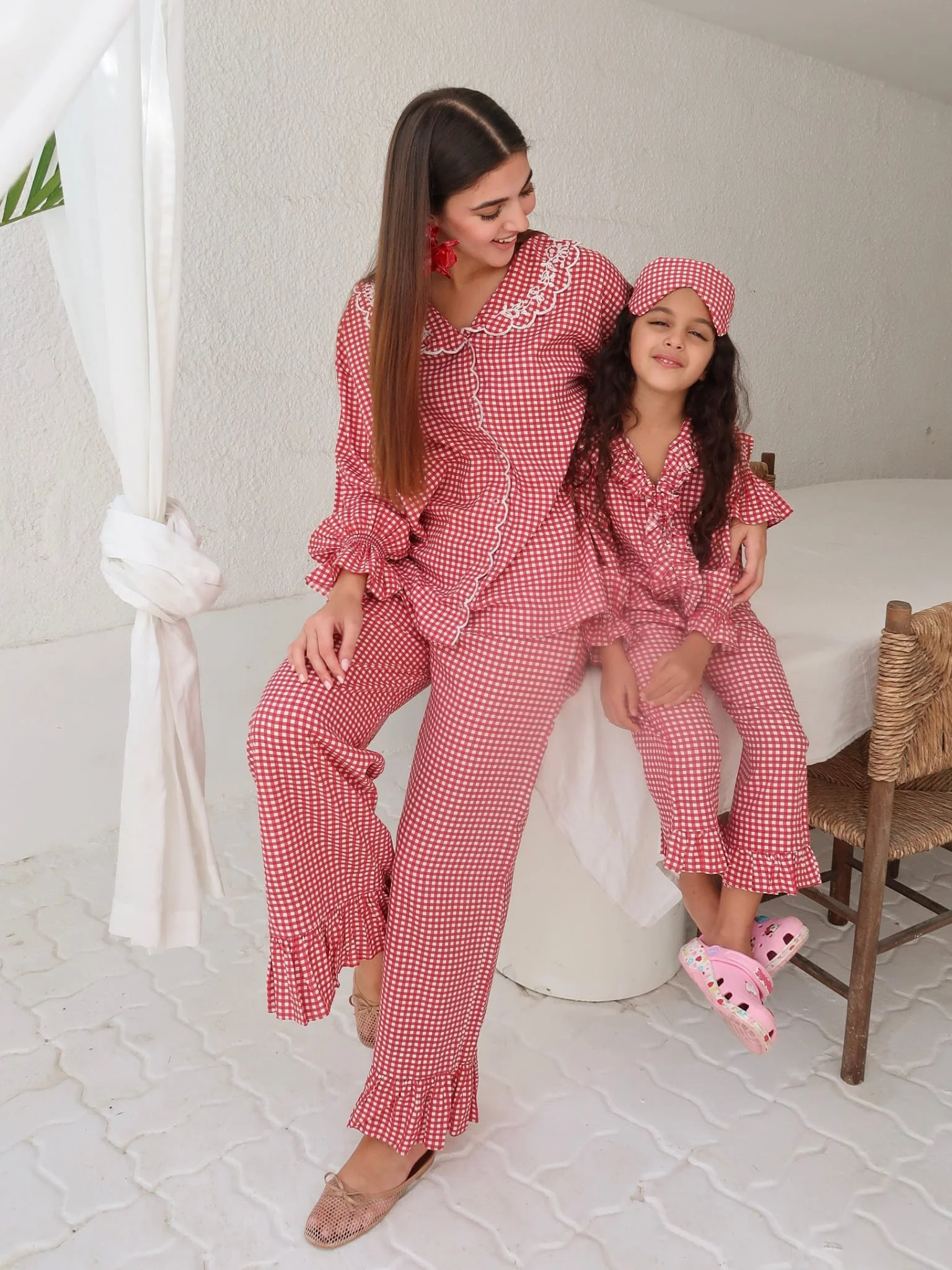 Mini Snuzelle Red Embroidered Gingham lounge Set For Girls - Image 9