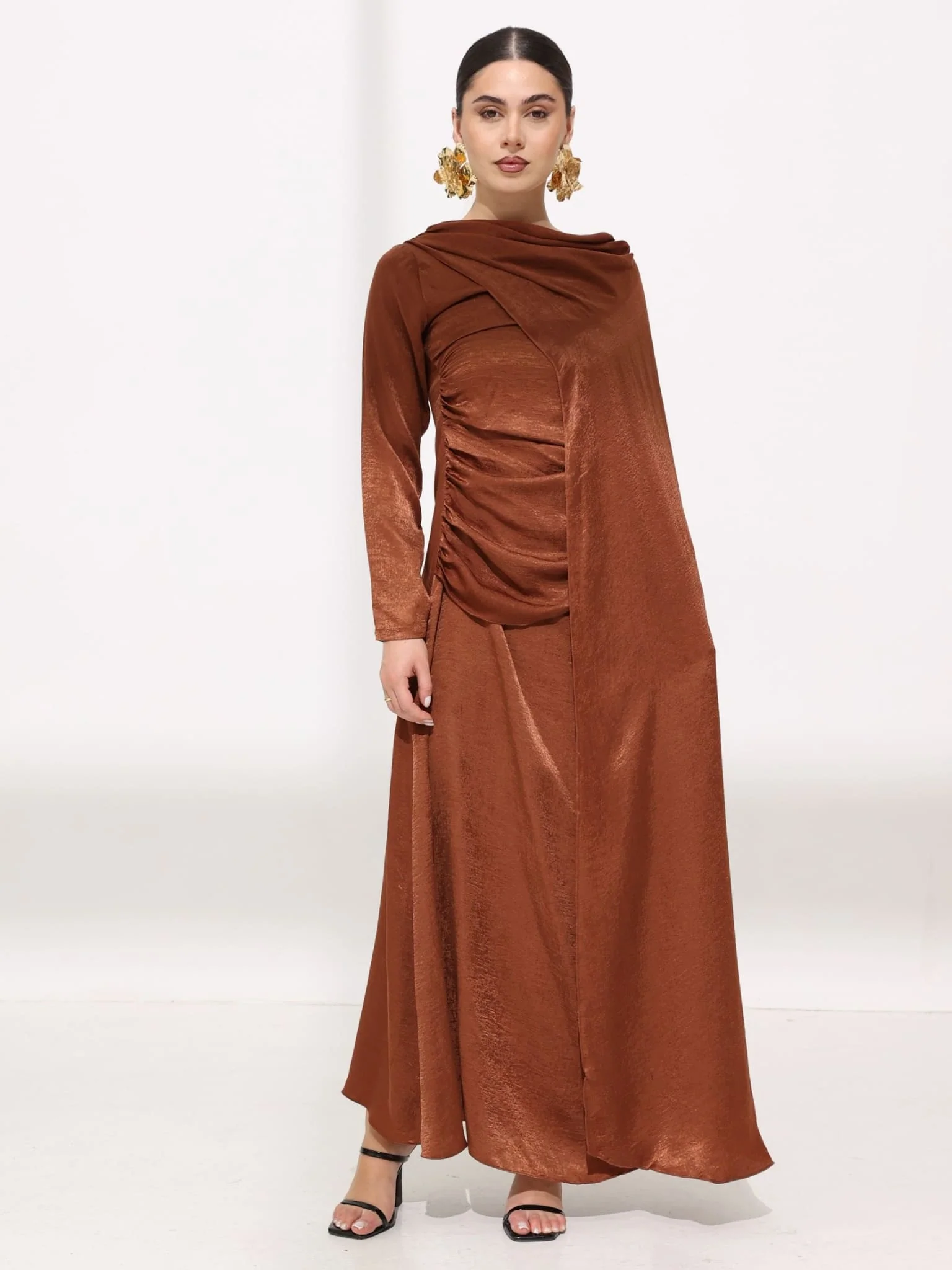 Mirena Brown Soft Silk Long Drape Dress