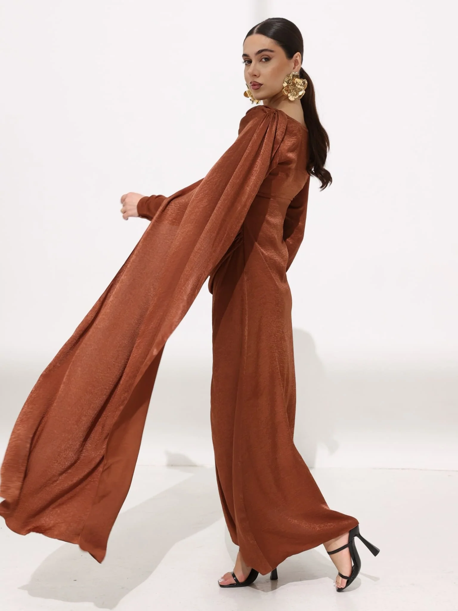 Mirena Brown Soft Silk Long Drape Dress - Image 10