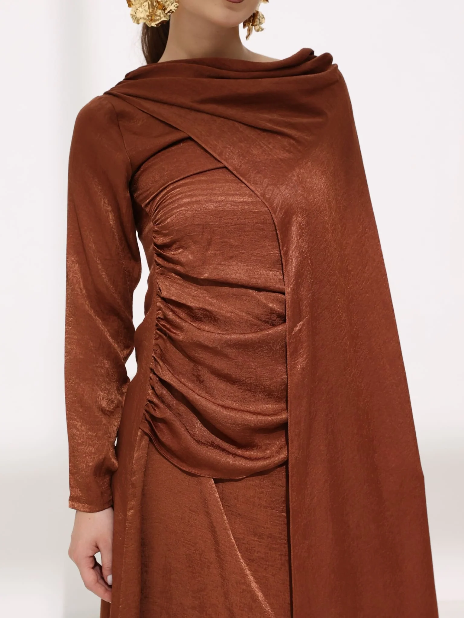 Mirena Brown Soft Silk Long Drape Dress - Image 2