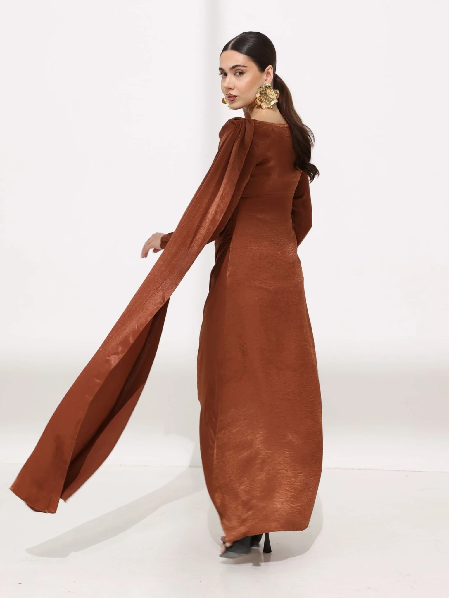 Mirena Brown Soft Silk Long Drape Dress - Image 3