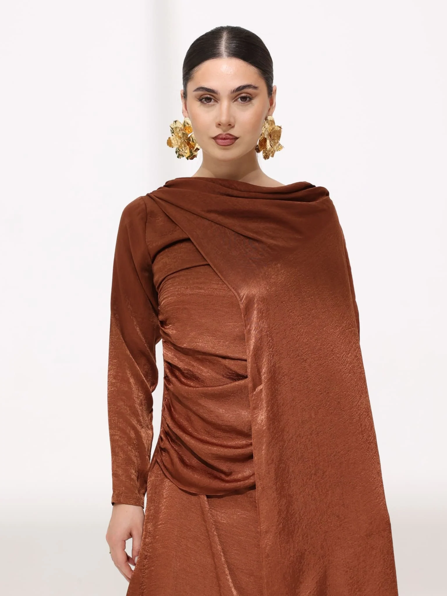 Mirena Brown Soft Silk Long Drape Dress - Image 4