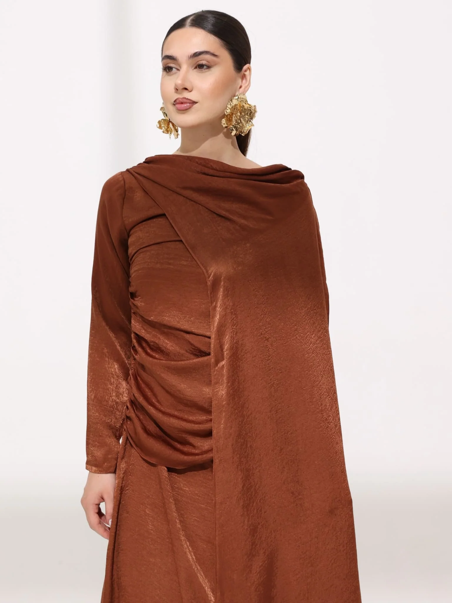 Mirena Brown Soft Silk Long Drape Dress - Image 5