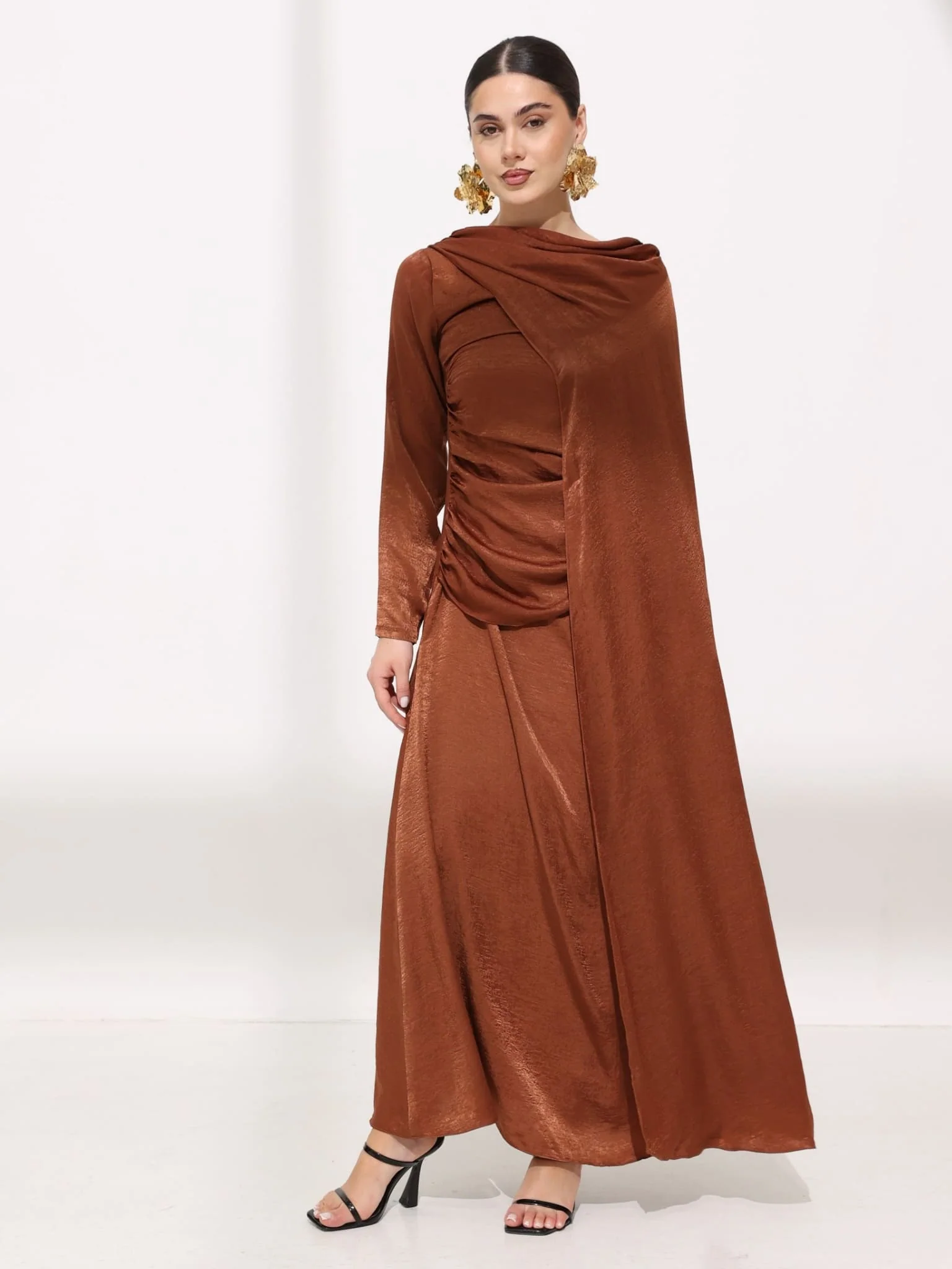 Mirena Brown Soft Silk Long Drape Dress - Image 6