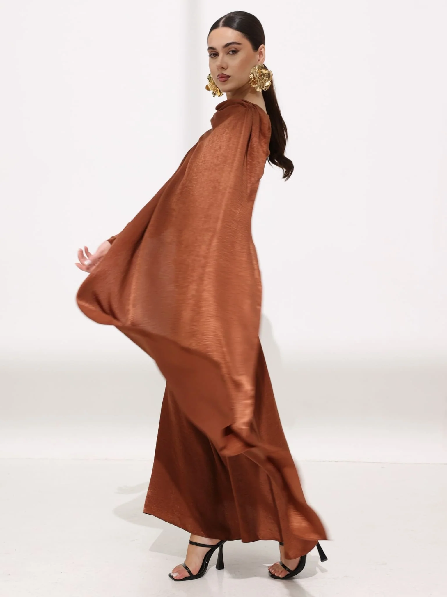 Mirena Brown Soft Silk Long Drape Dress - Image 7