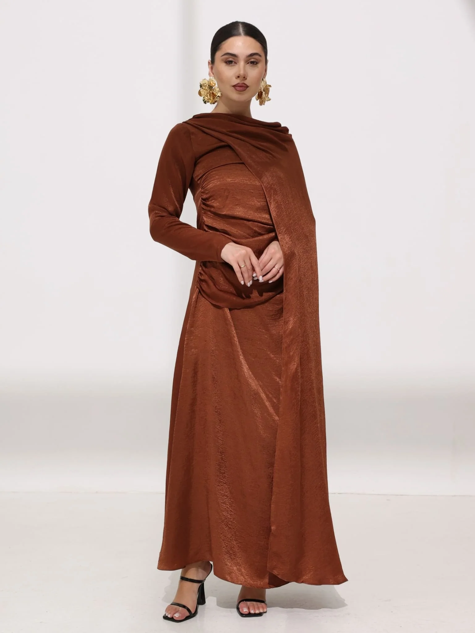 Mirena Brown Soft Silk Long Drape Dress - Image 8