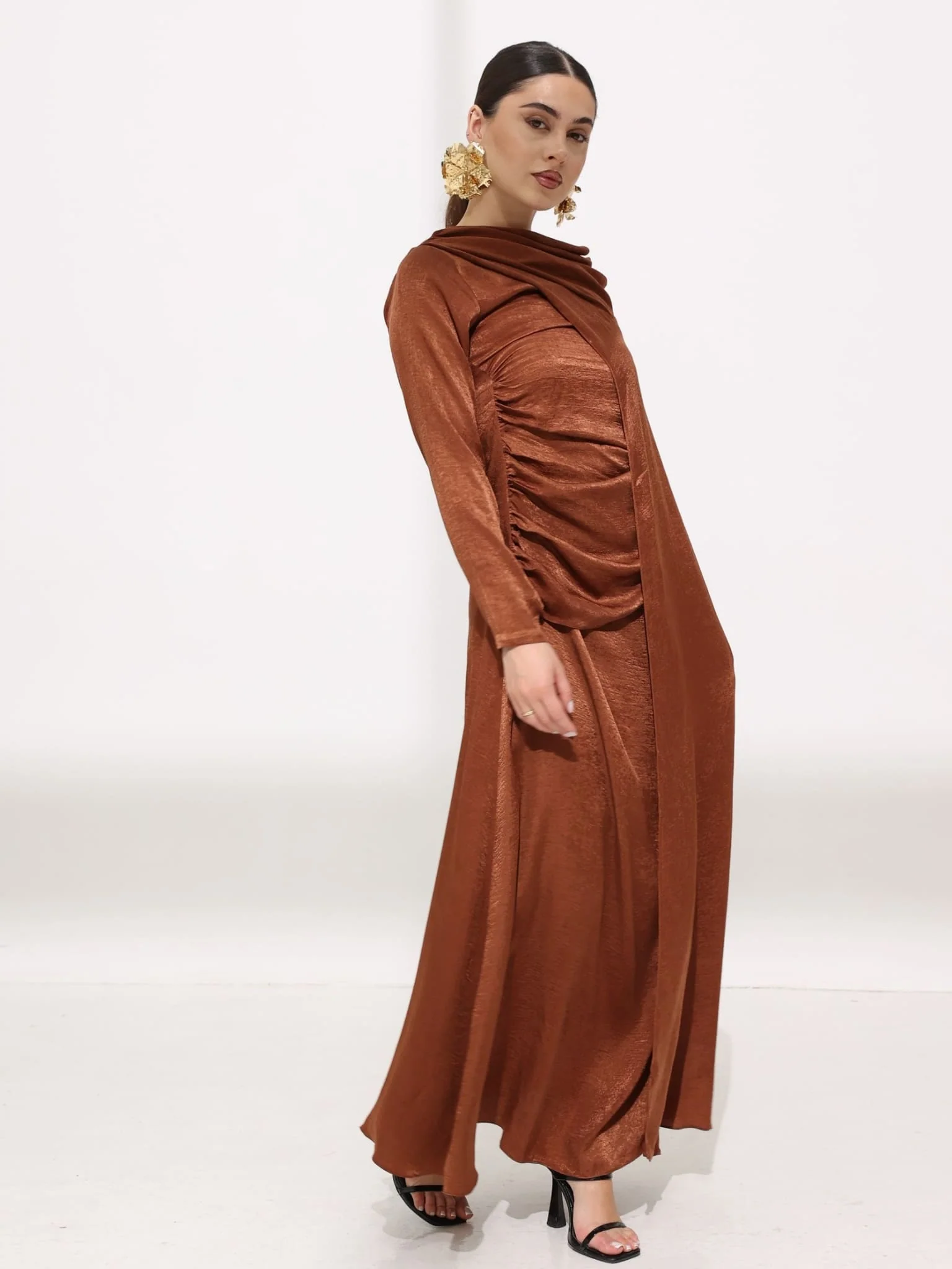 Mirena Brown Soft Silk Long Drape Dress - Image 9