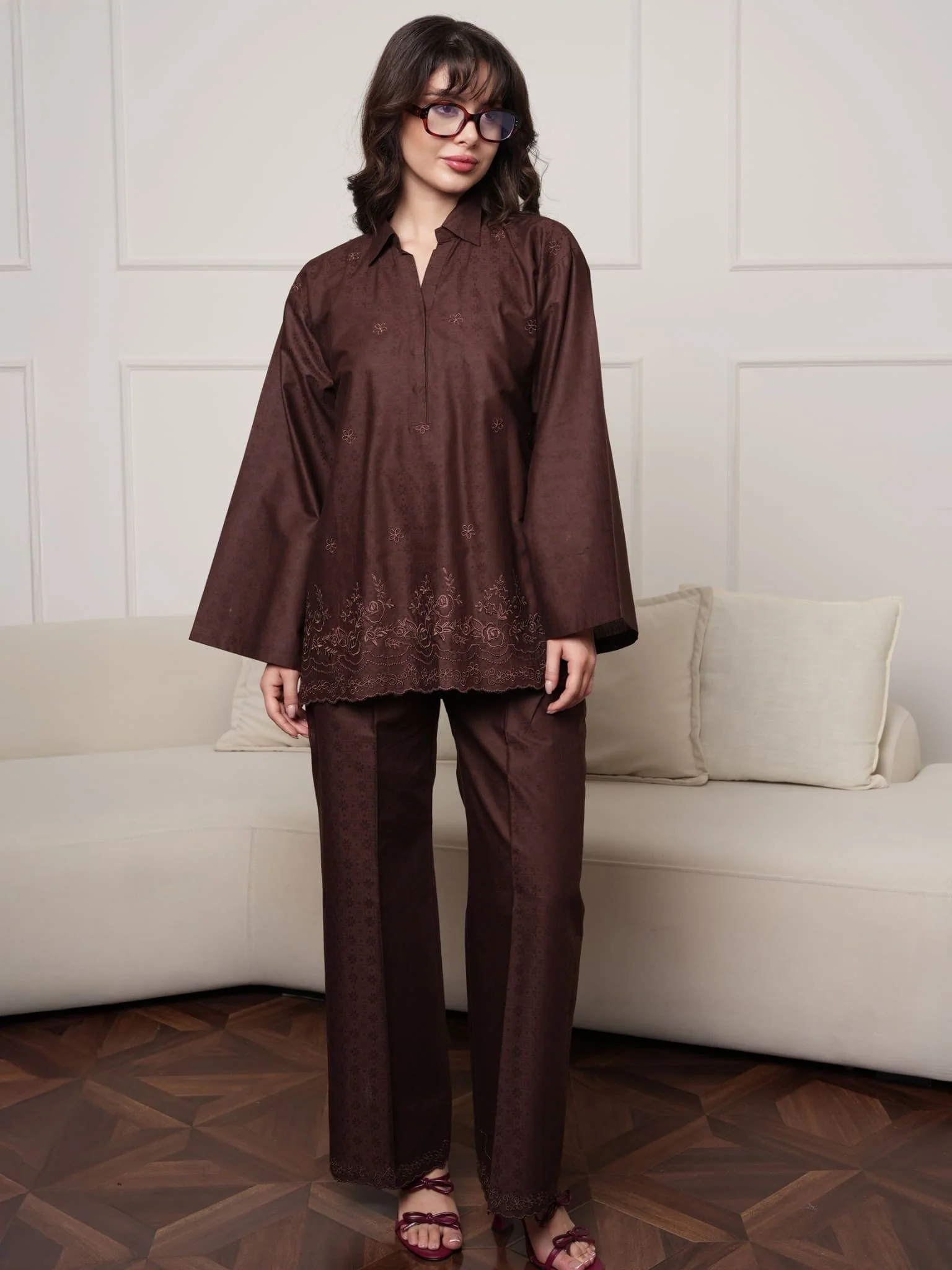 Mocha Brown Embroidered Pant