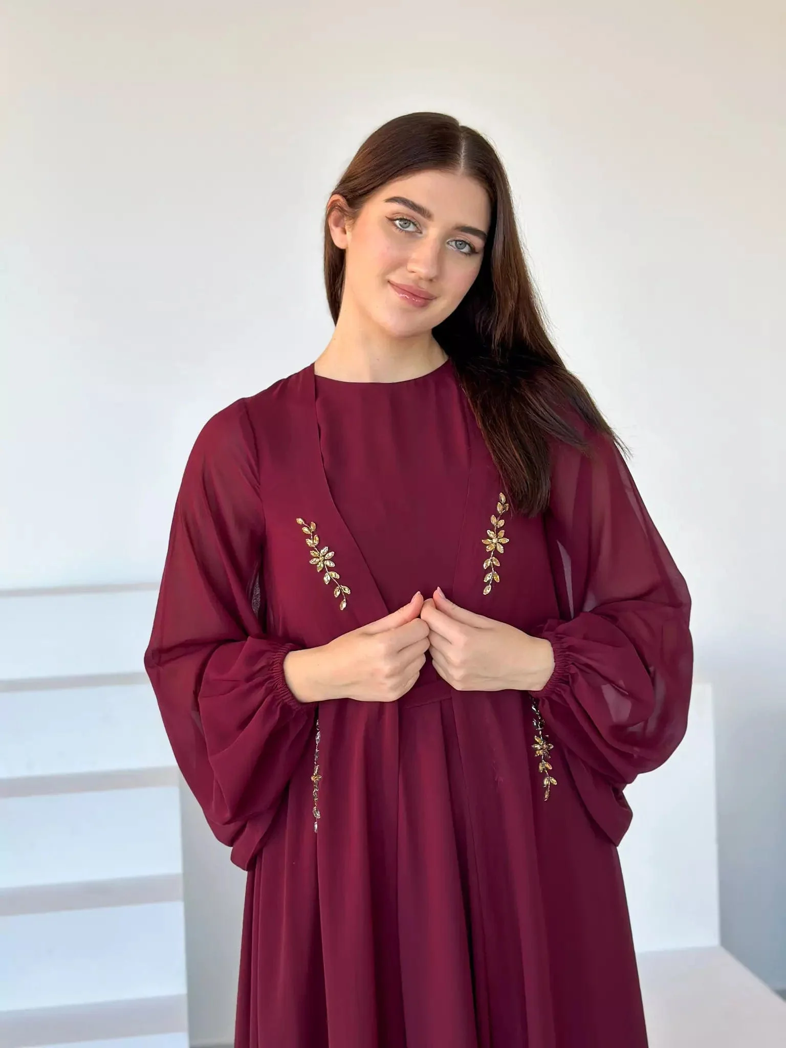 Mulberry Maroon Dress And Embellished Upper - Image 12