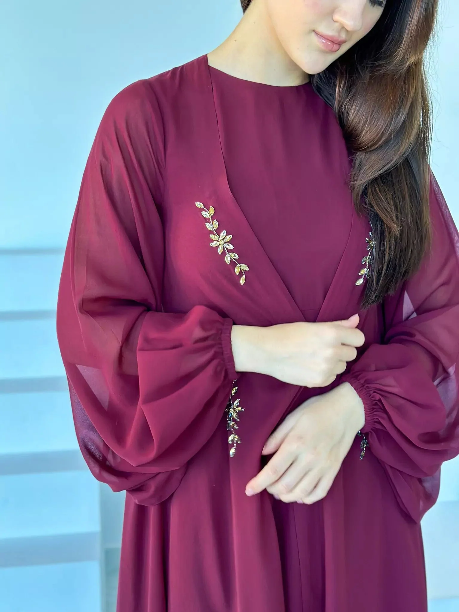 Mulberry Maroon Dress And Embellished Upper - Image 16