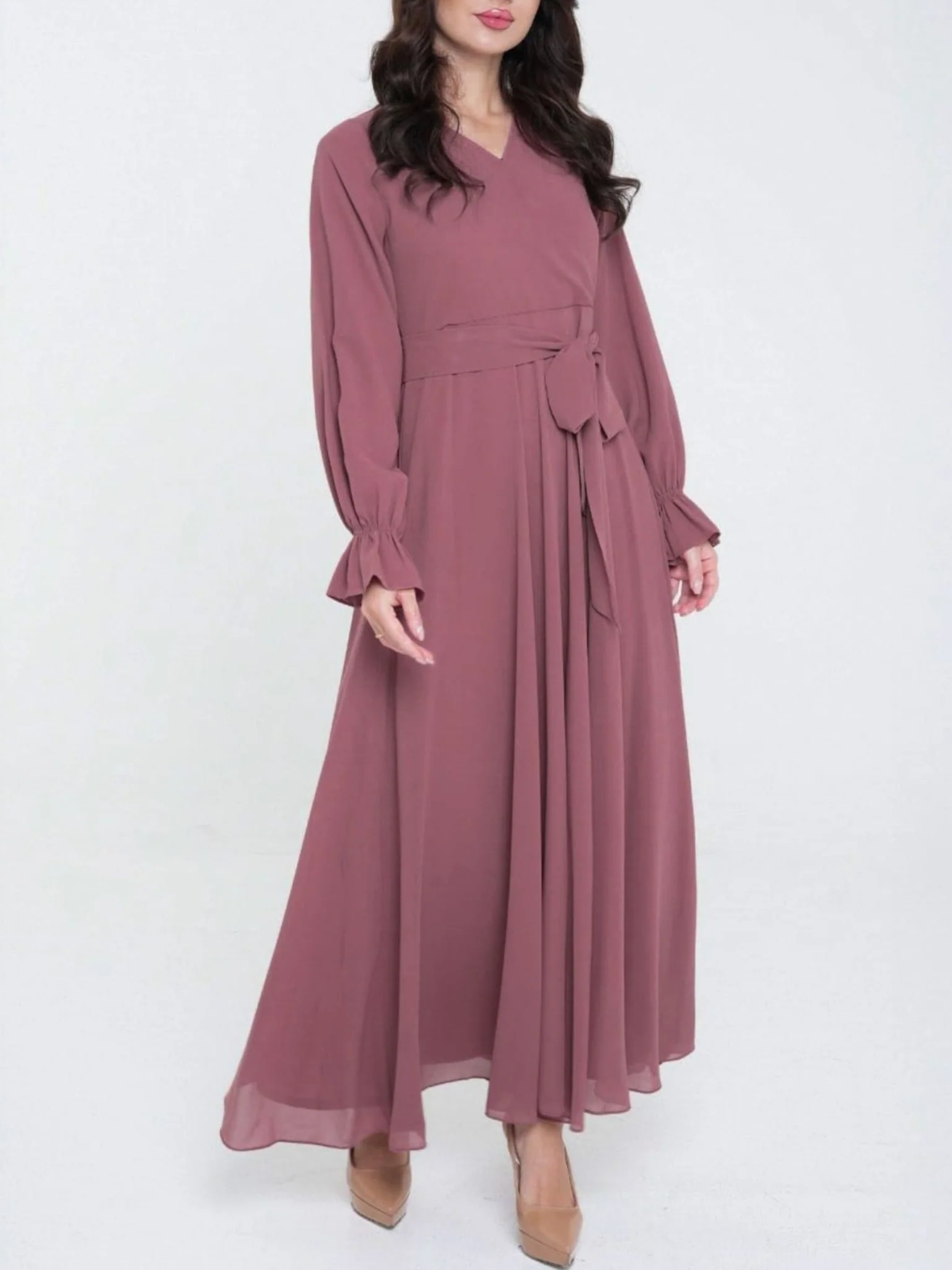 Mysha Pink Mauve Solid Chiffon Long Dress