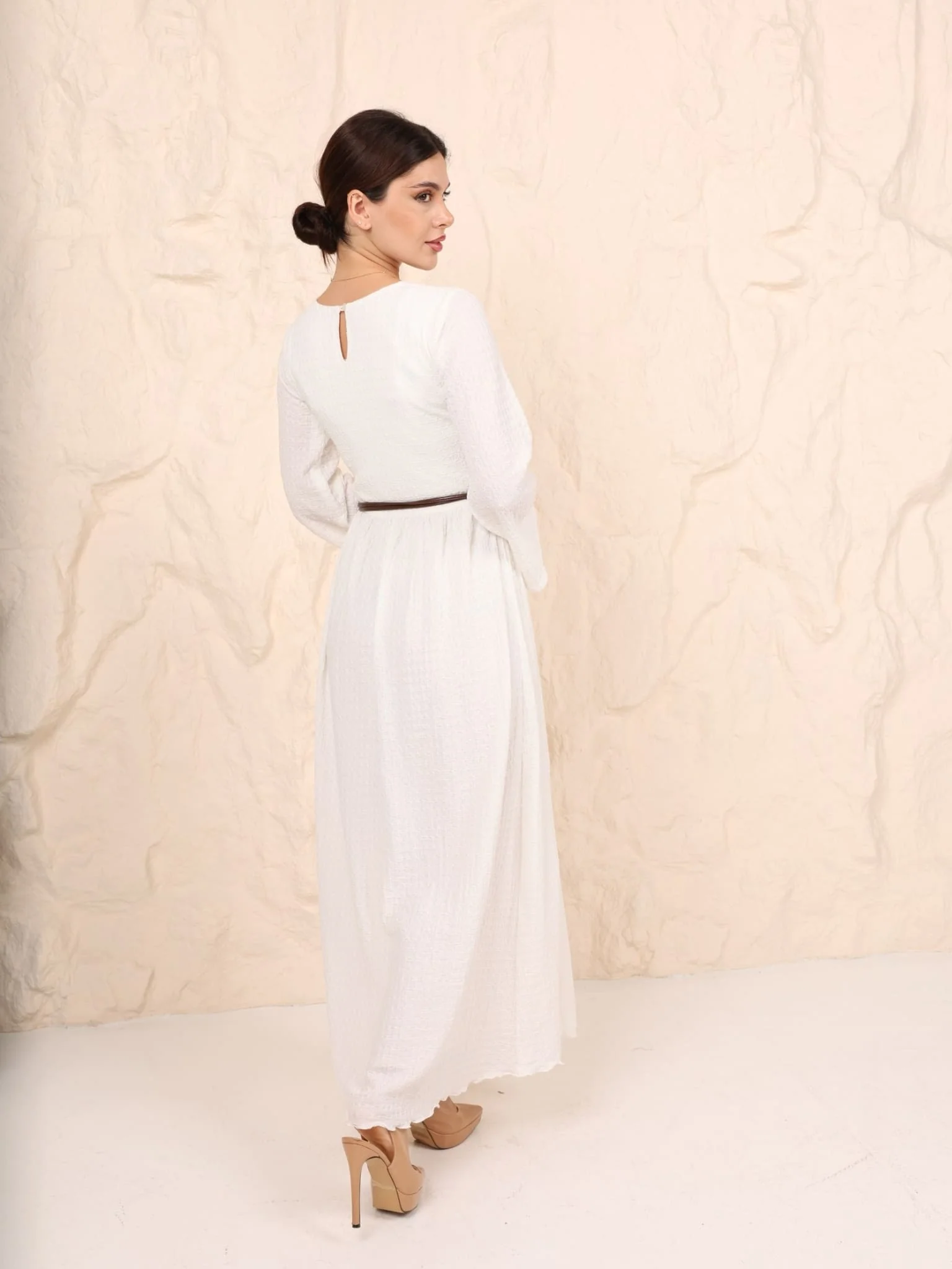 Nina White Textured Long Dress With Belt - Image 3