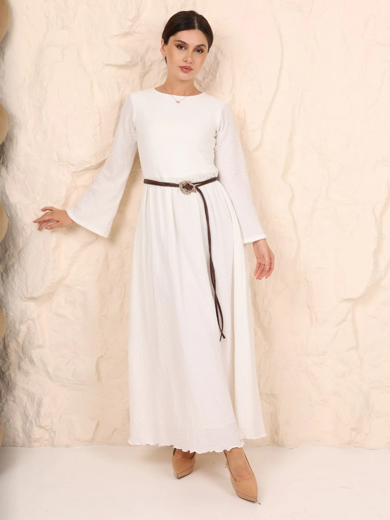 Nina White Textured Long Dress With Belt - Image 5