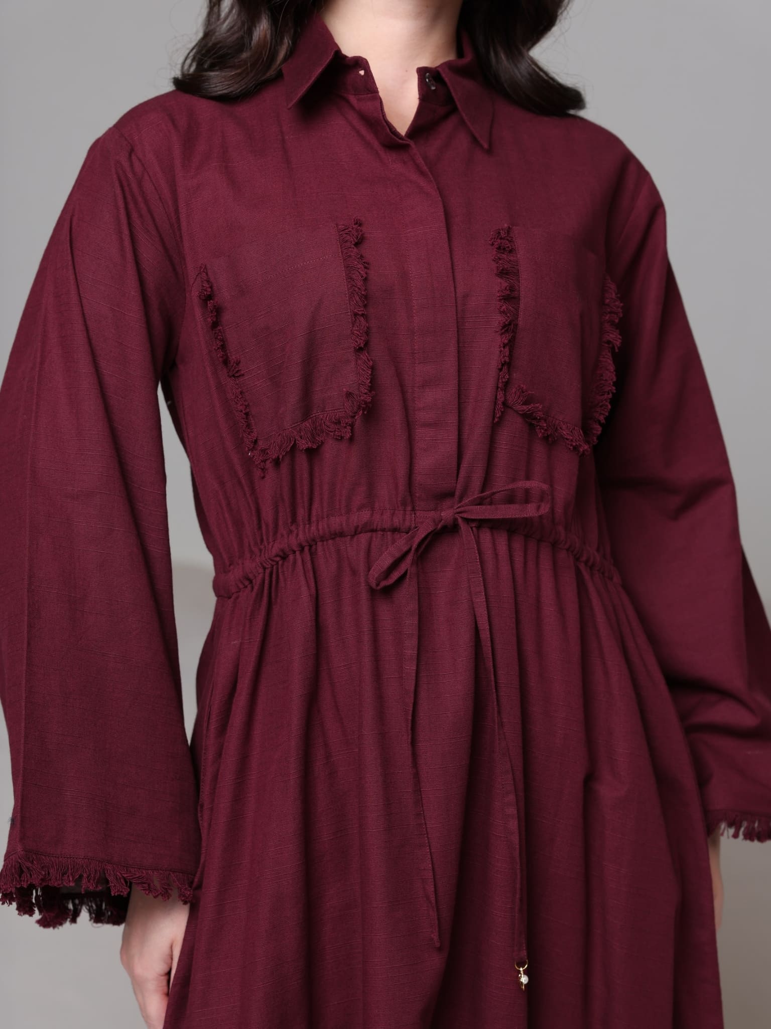 Noelle Maroon Fringe Long Dress - Image 12
