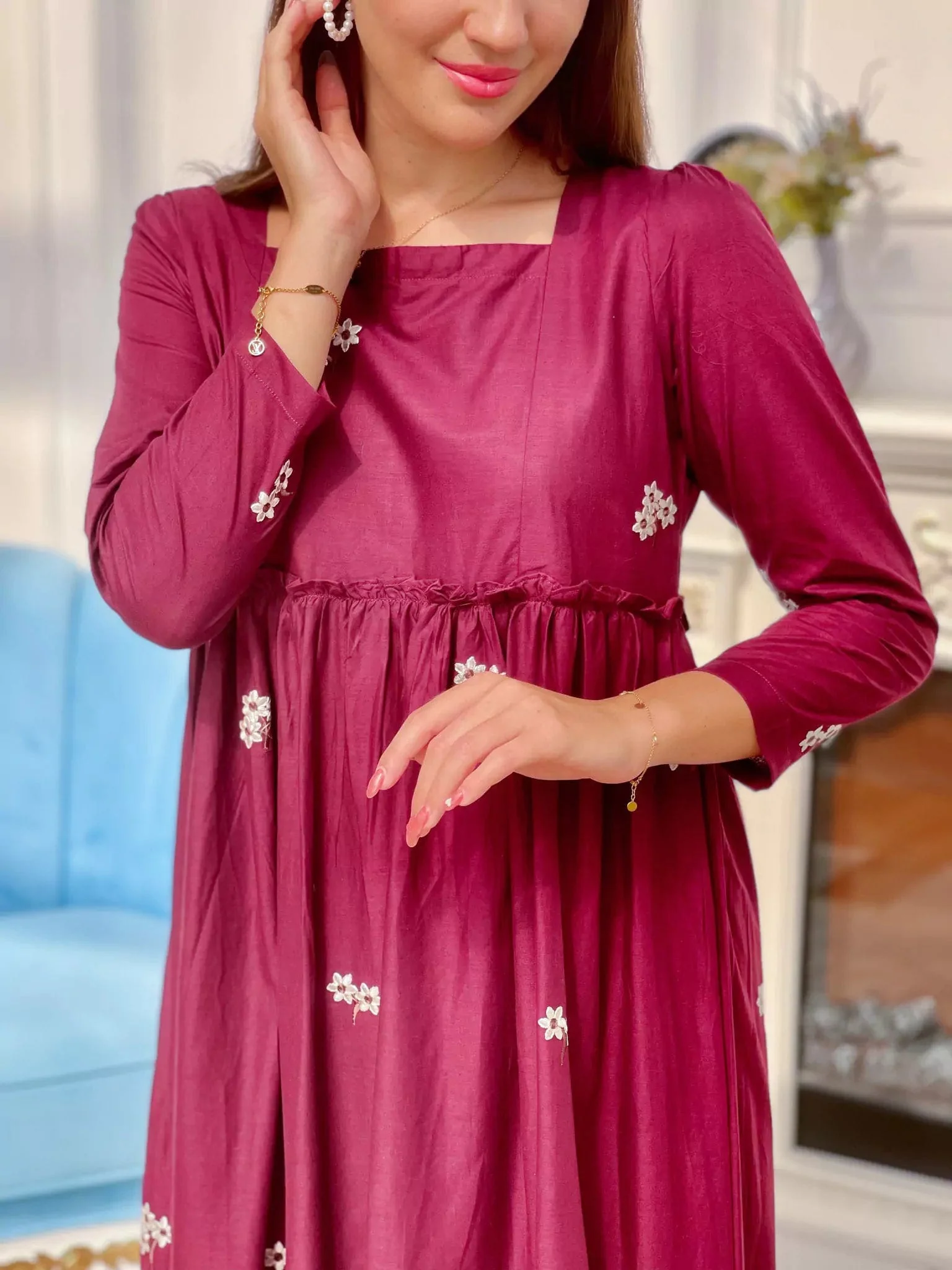 Nova Maroon Embroidered Dress - Image 4
