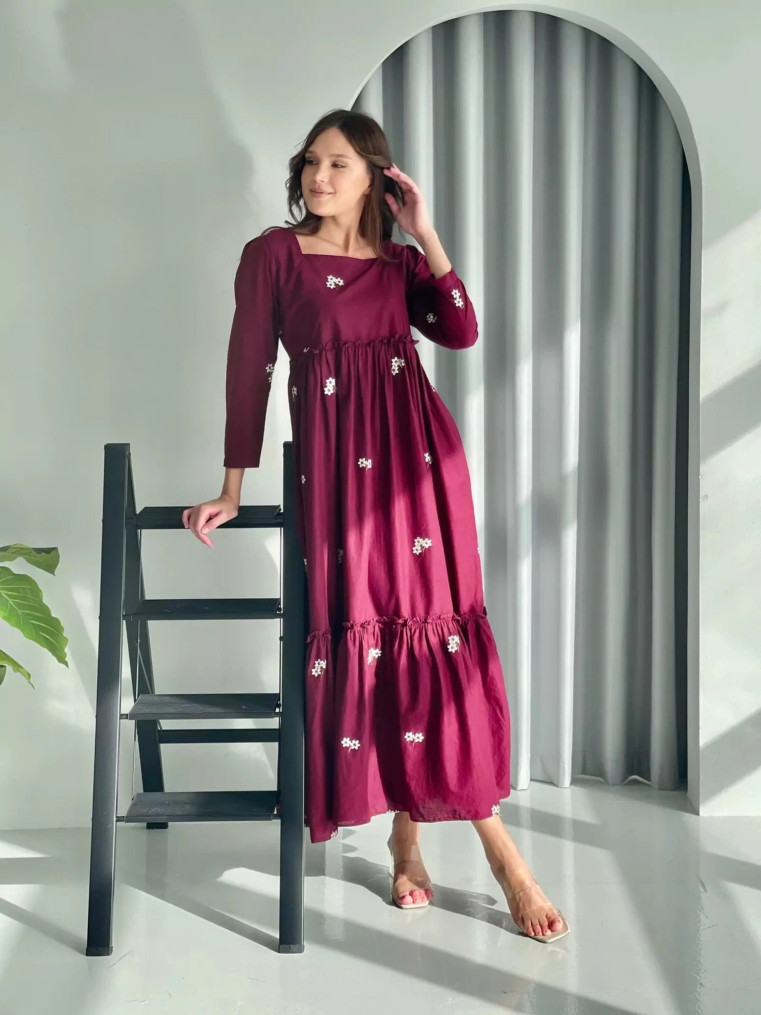 Nova Maroon Embroidered Dress - Image 5