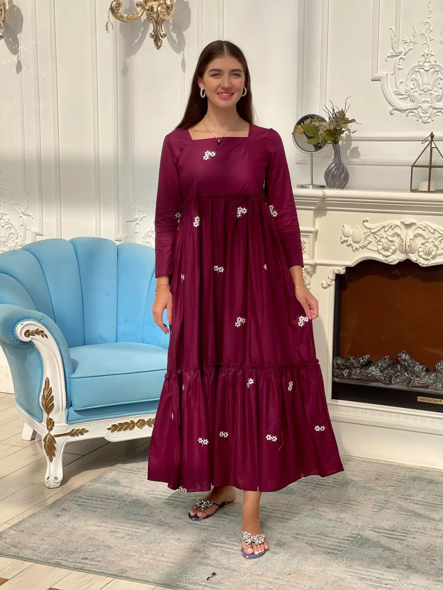 Nova Maroon Embroidered Dress - Image 7