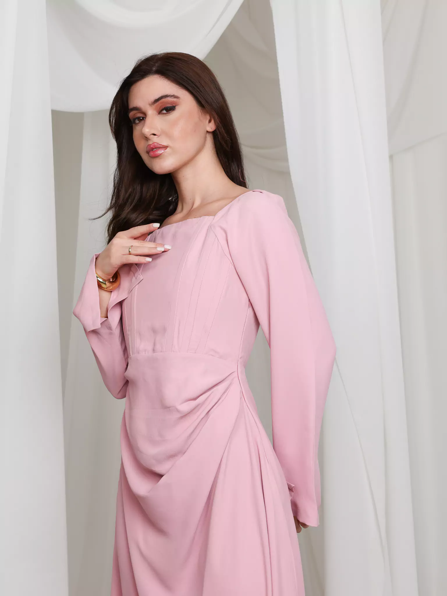Pink Lattice Cowl Dress With Boning - Image 6