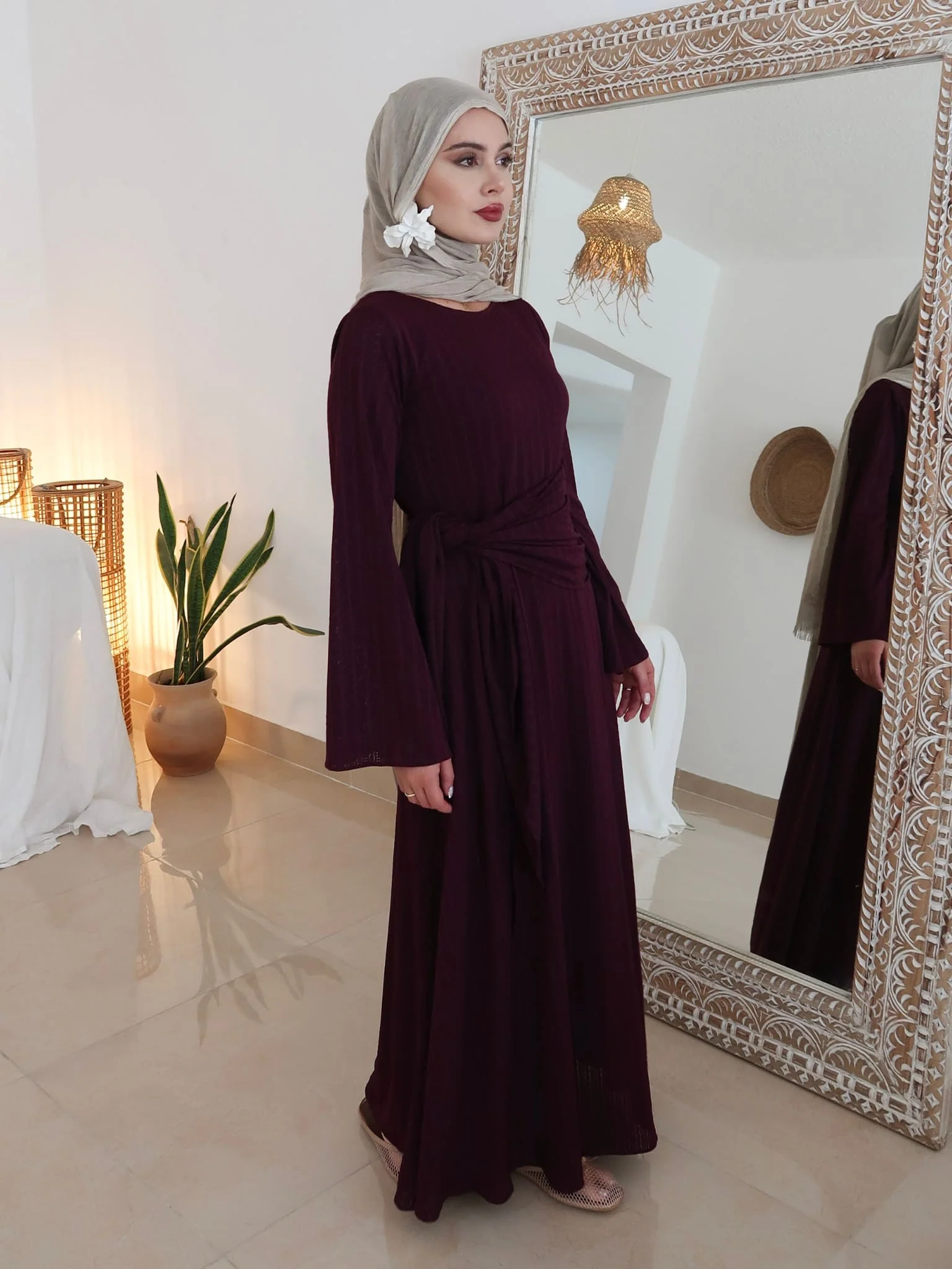 Rome Plum Crochet Long Dress With Scarf - Image 10