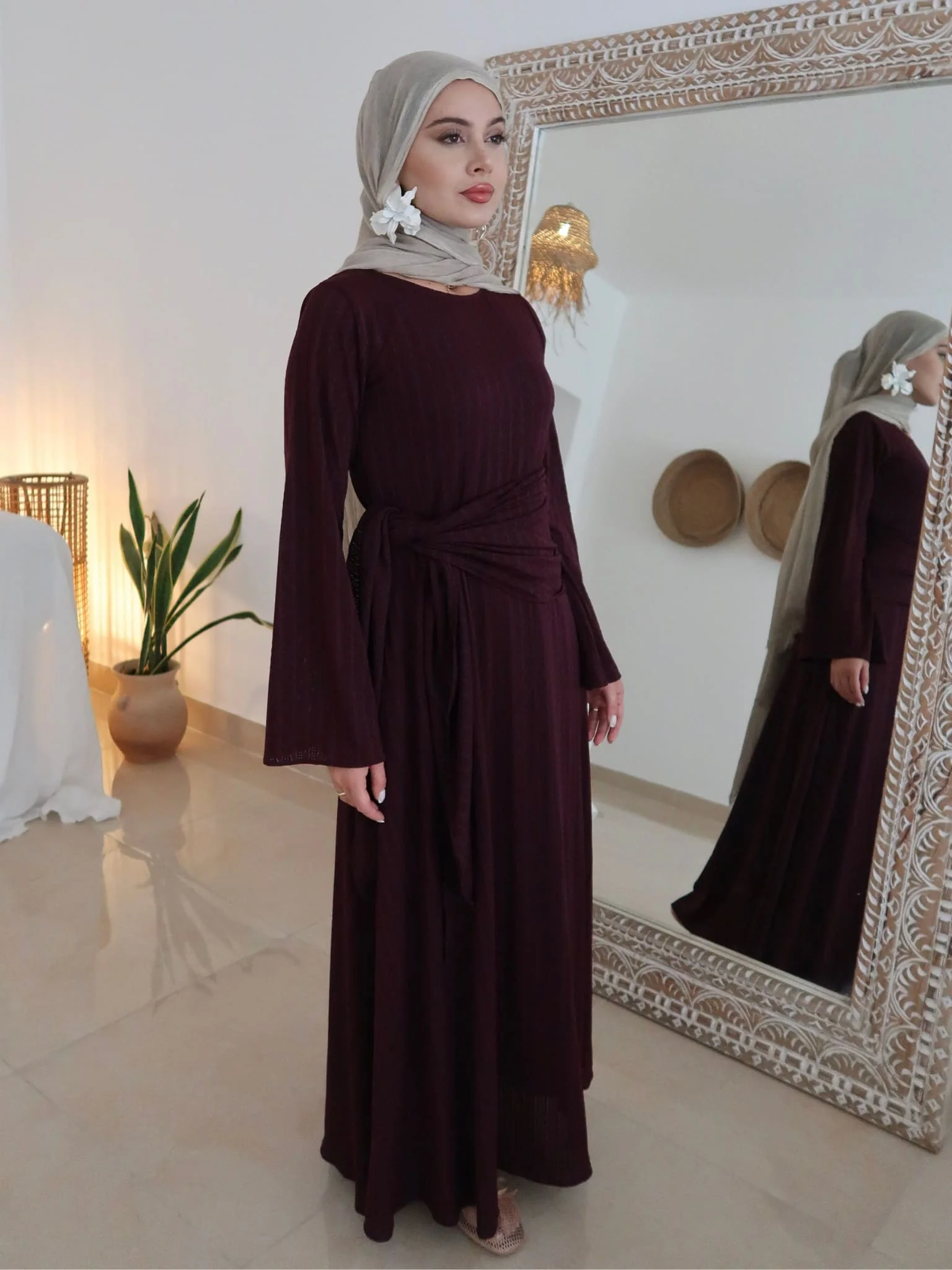 Rome Plum Crochet Long Dress With Scarf - Image 11