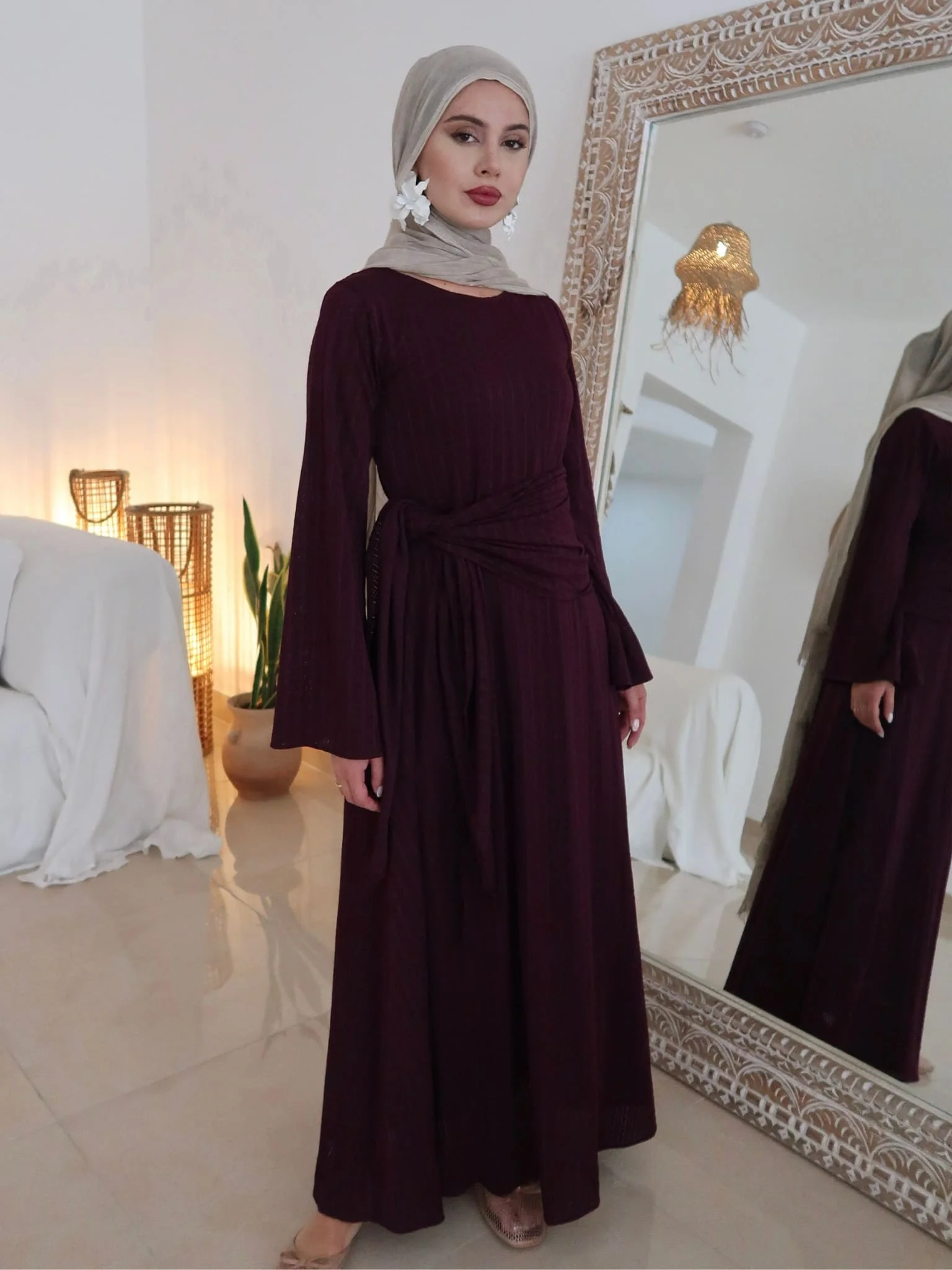 Rome Plum Crochet Long Dress With Scarf - Image 2