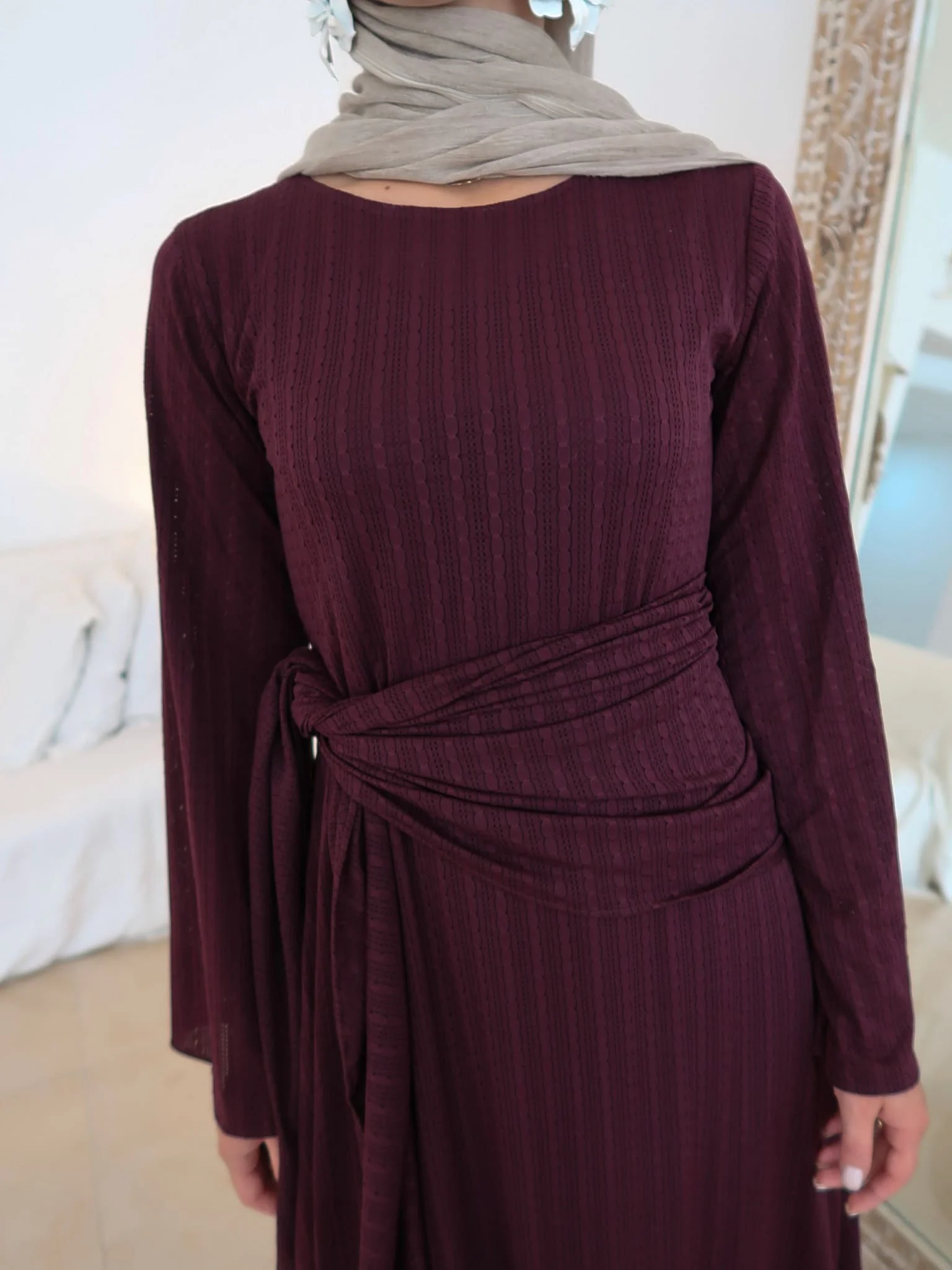 Rome Plum Crochet Long Dress With Scarf - Image 3