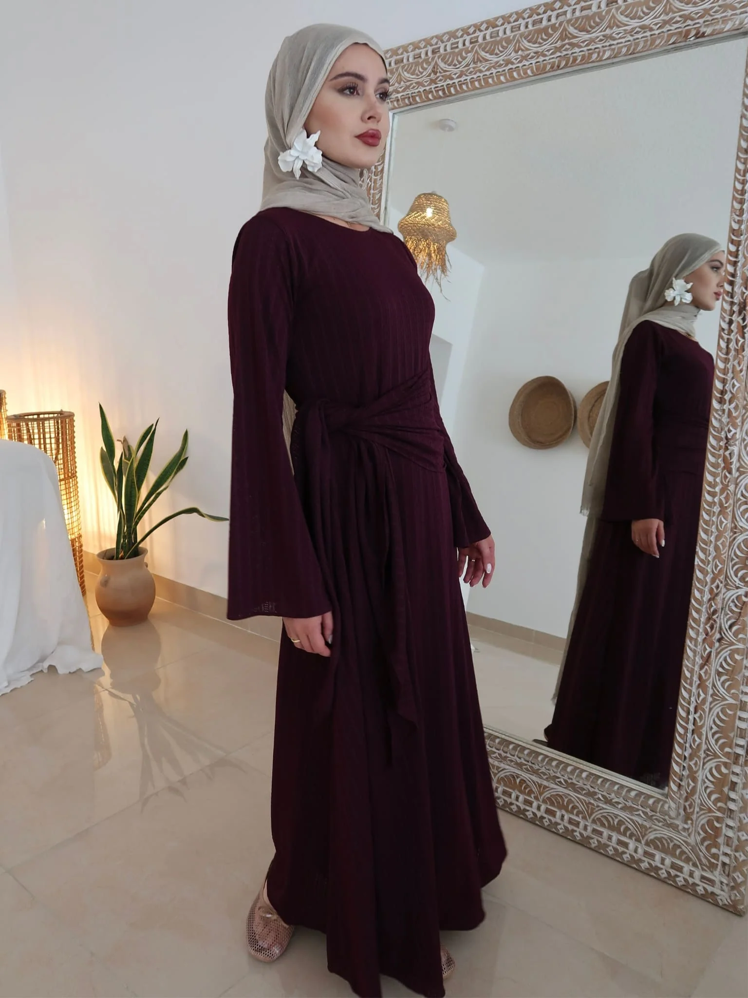 Rome Plum Crochet Long Dress With Scarf - Image 4