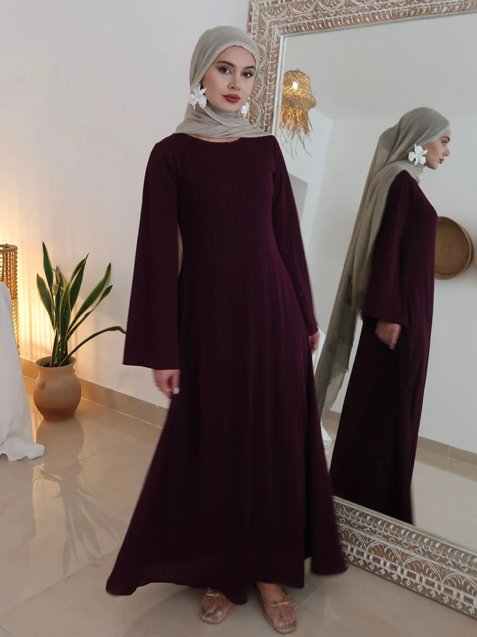 Rome Plum Crochet Long Dress With Scarf - Image 7