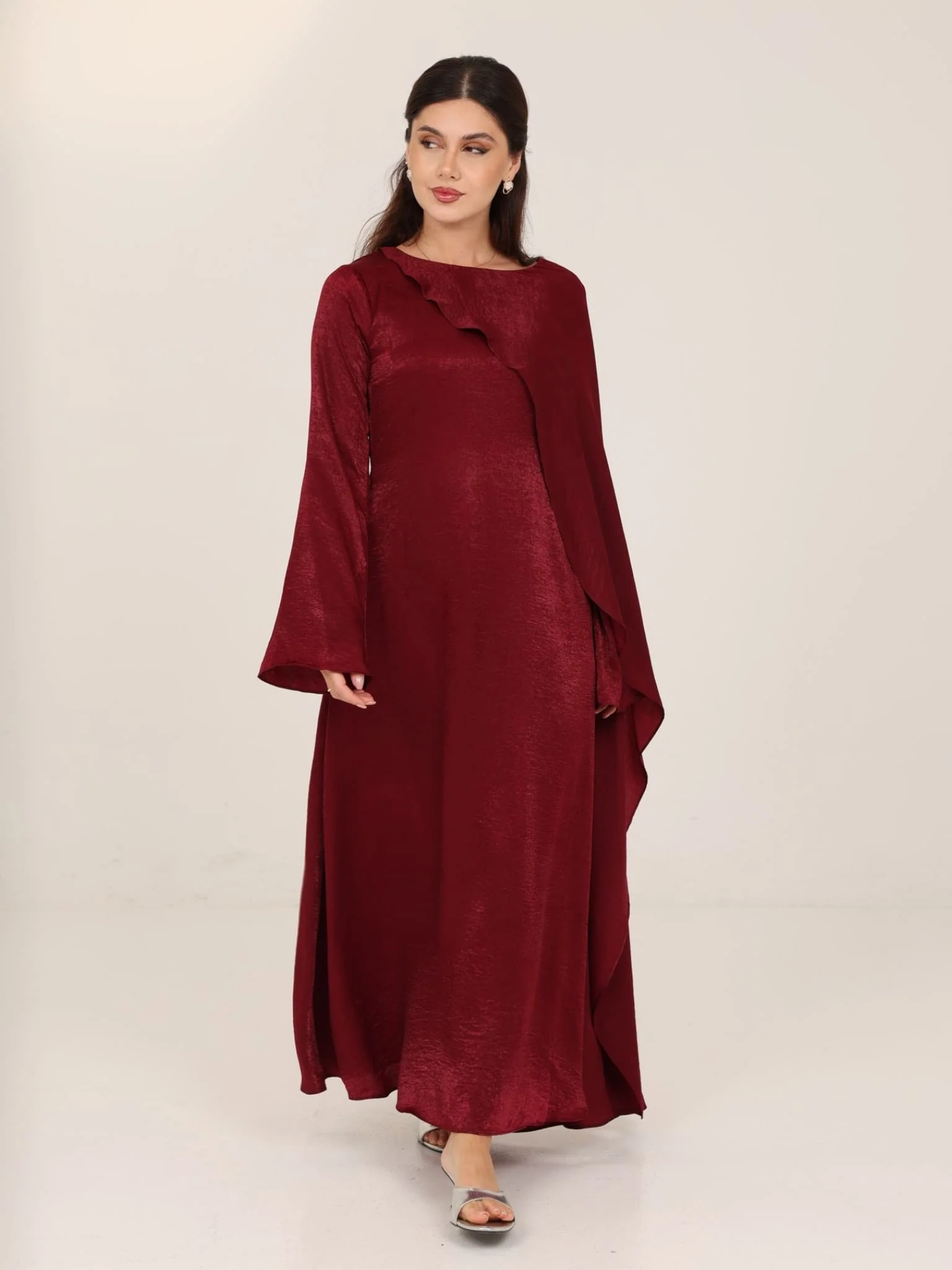 Romina Maroon Cape Long Dress - Image 11