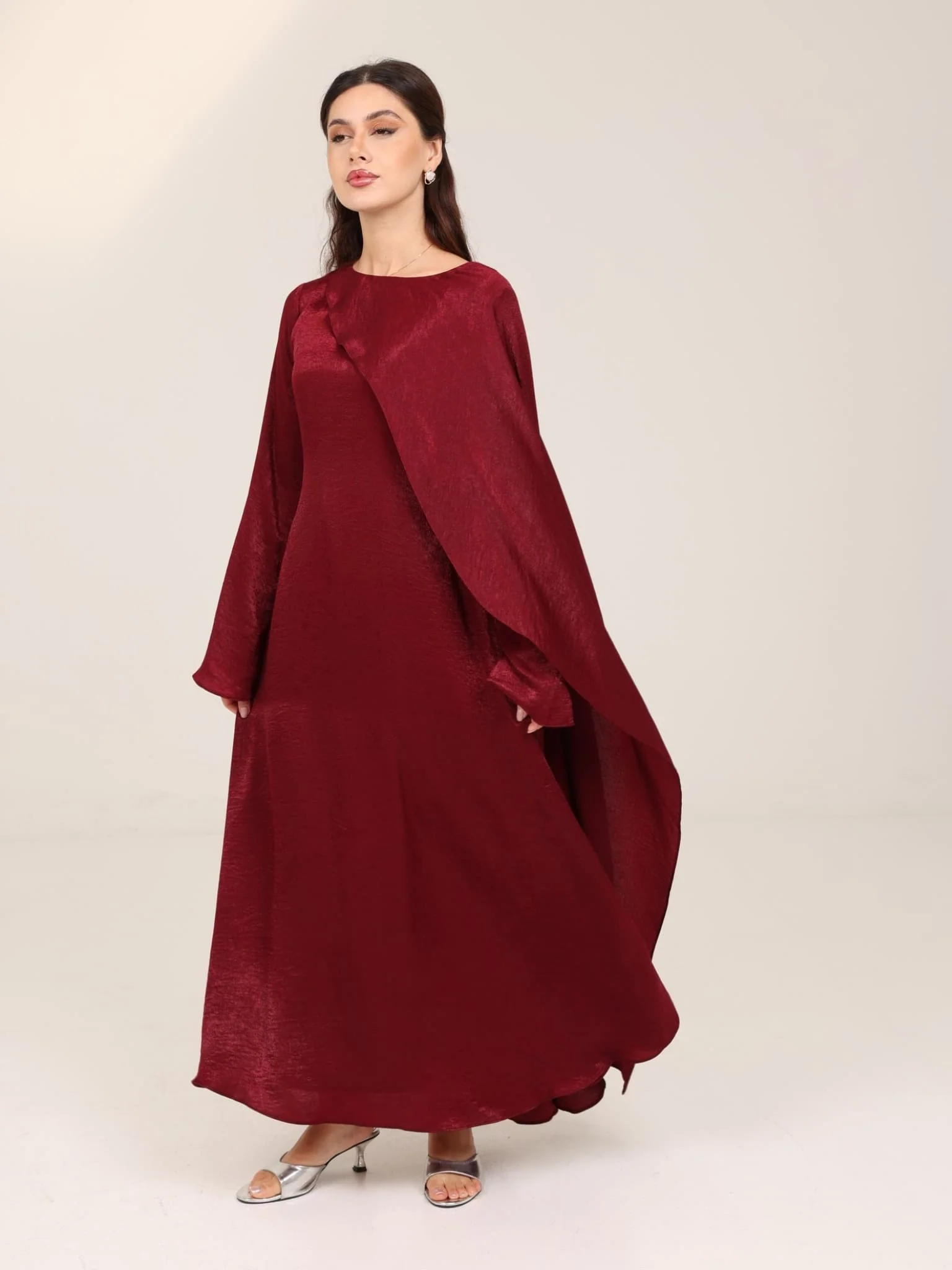 Romina Maroon Cape Long Dress - Image 4