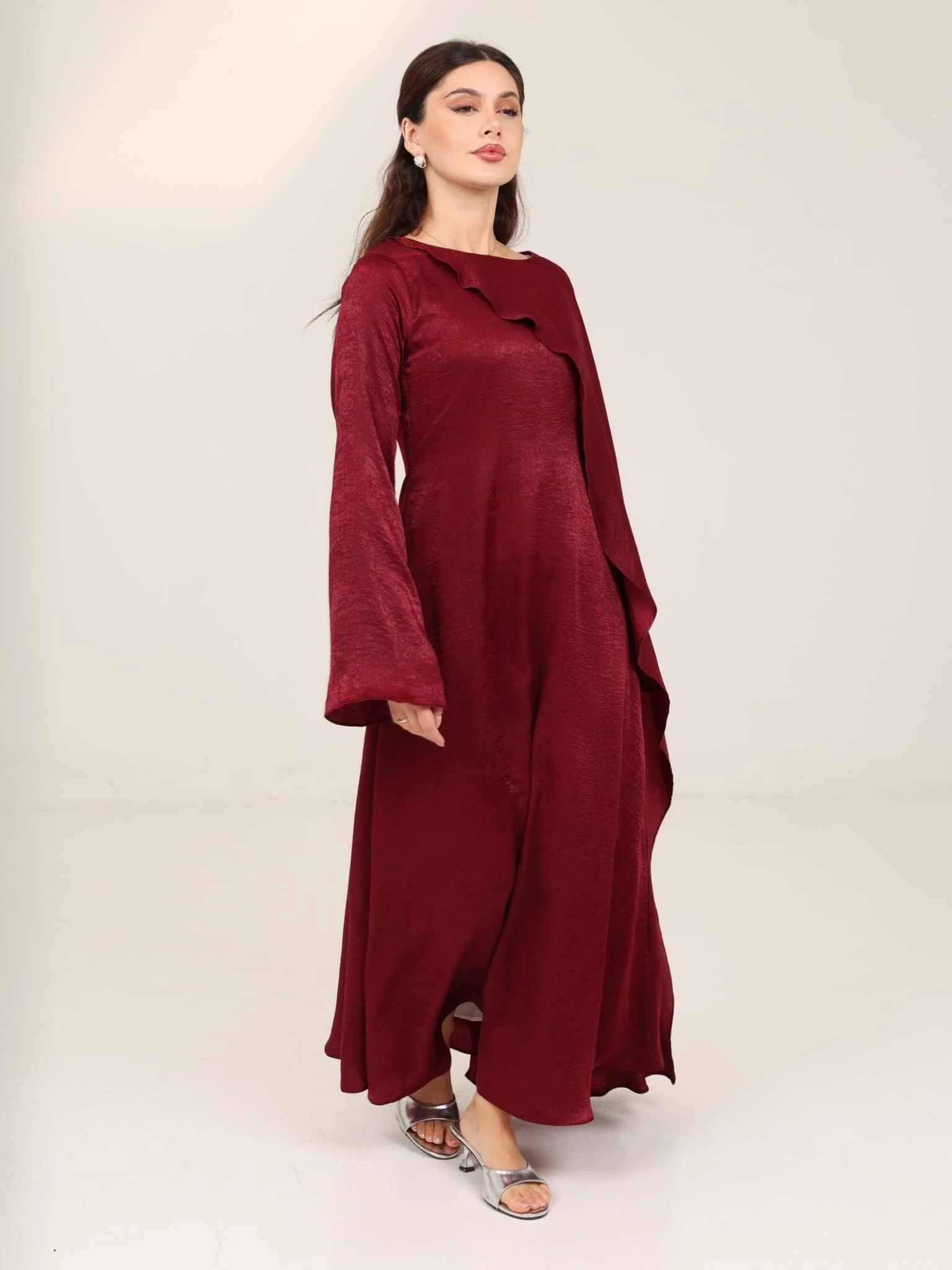 Romina Maroon Cape Long Dress - Image 5