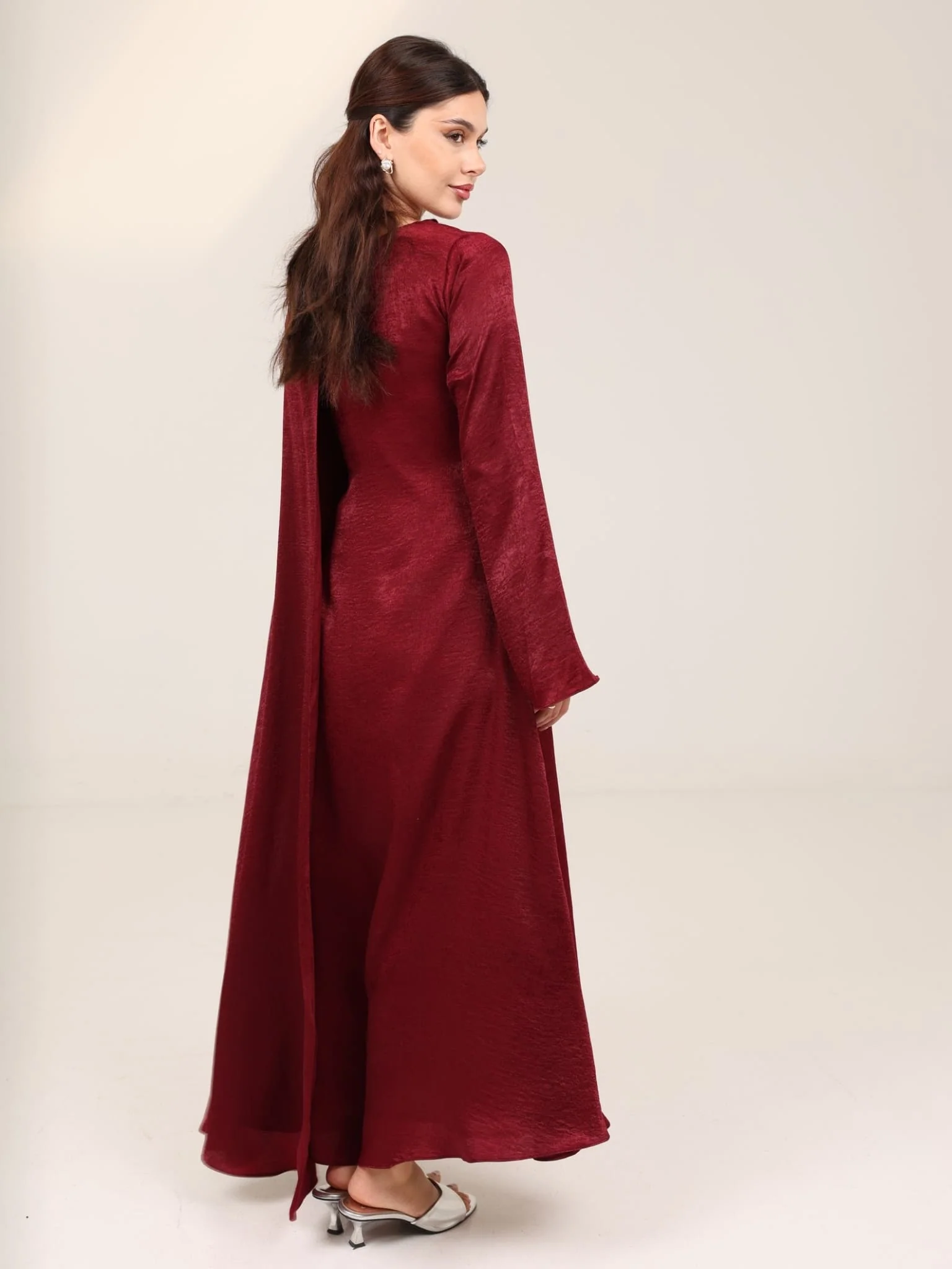 Romina Maroon Cape Long Dress - Image 7